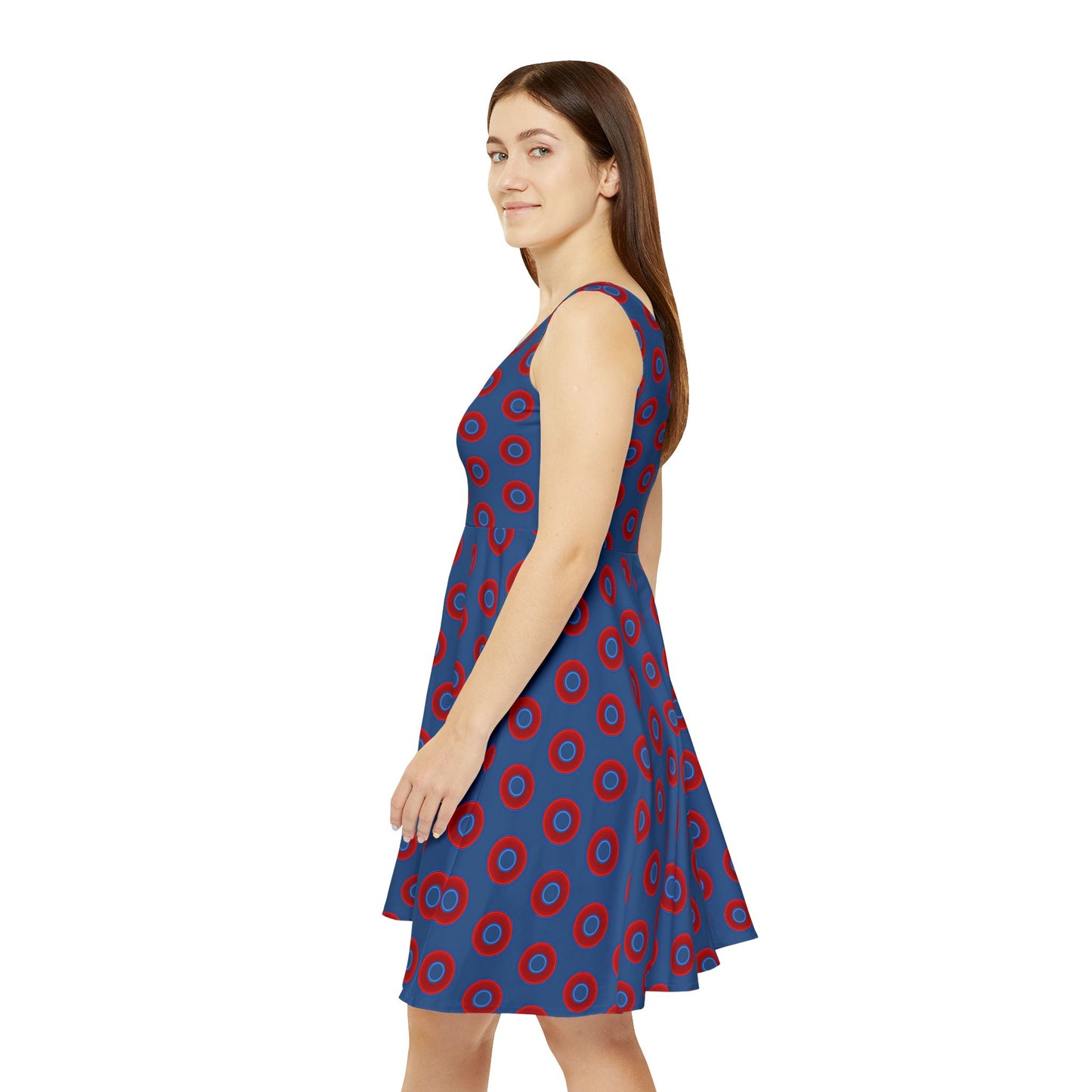 Women's Skater Donut Dress - vivid red donut print w/light navy blue background