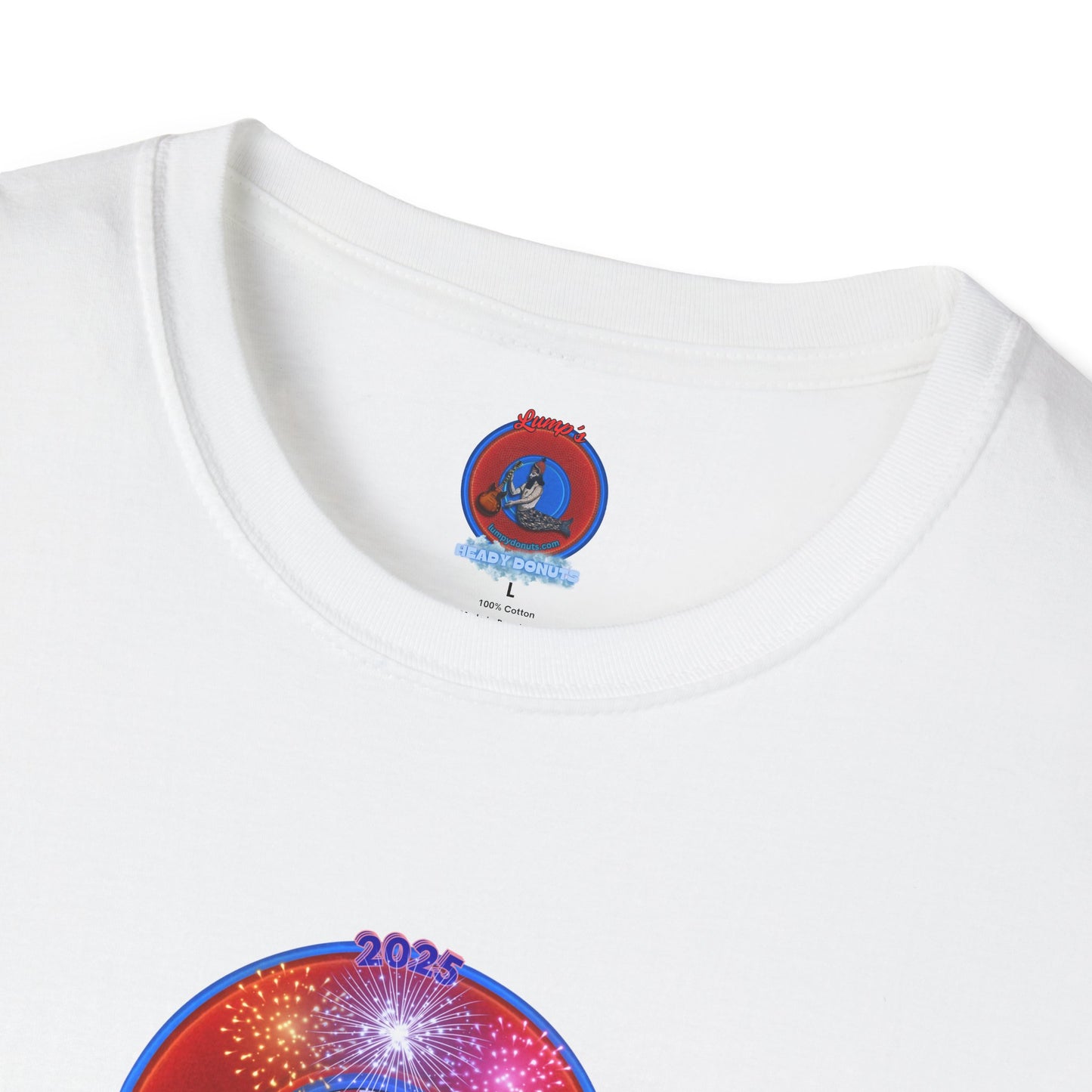Classic Donut Tee - Unisex Soft-Style - "One Indivisible Donut" - vivid red phreedom donut - w/fireworks - variant 3