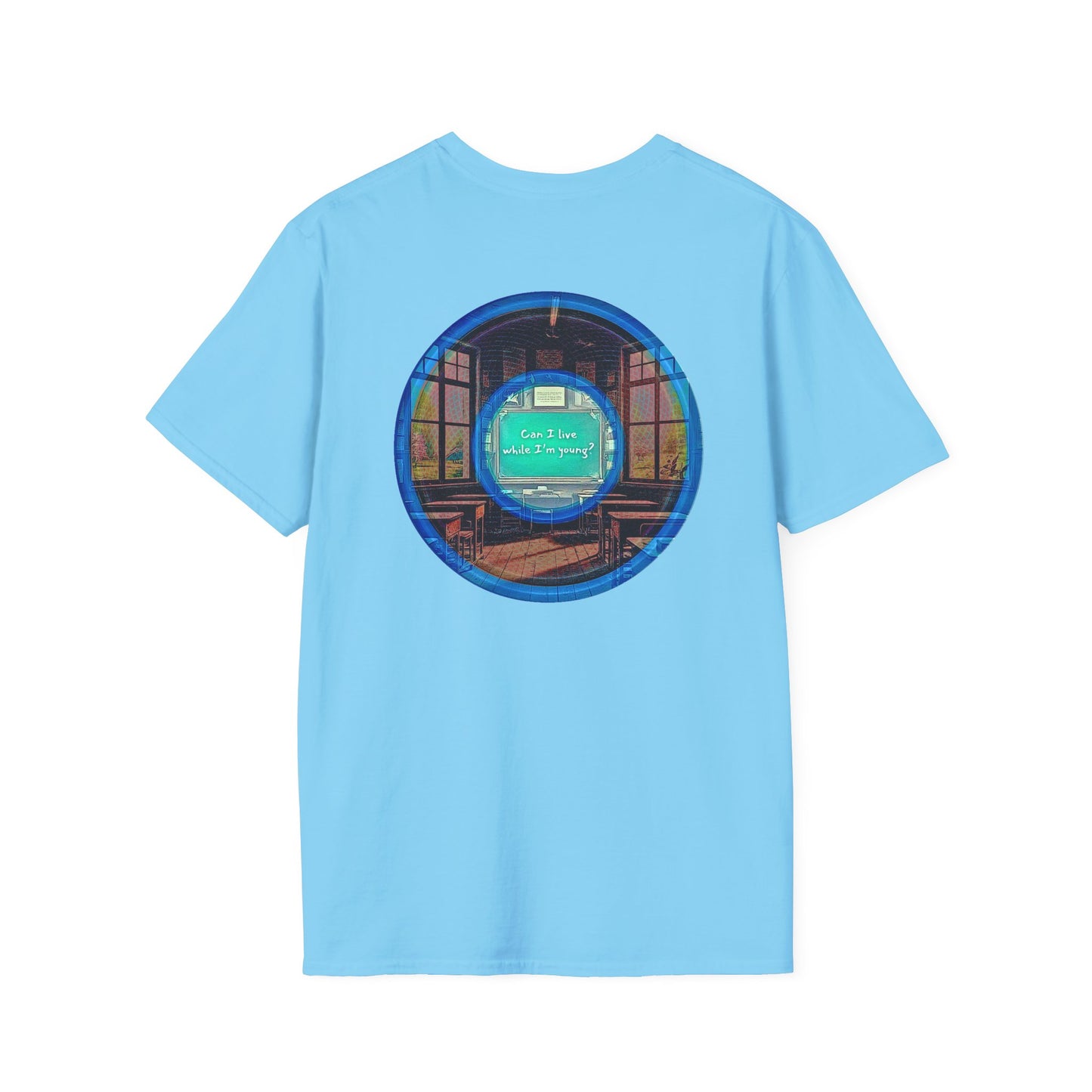 Classic Donut Tee - Unisex Soft-Style - "The Torturous Chalk Dust Donut  " - blue/red picture donut