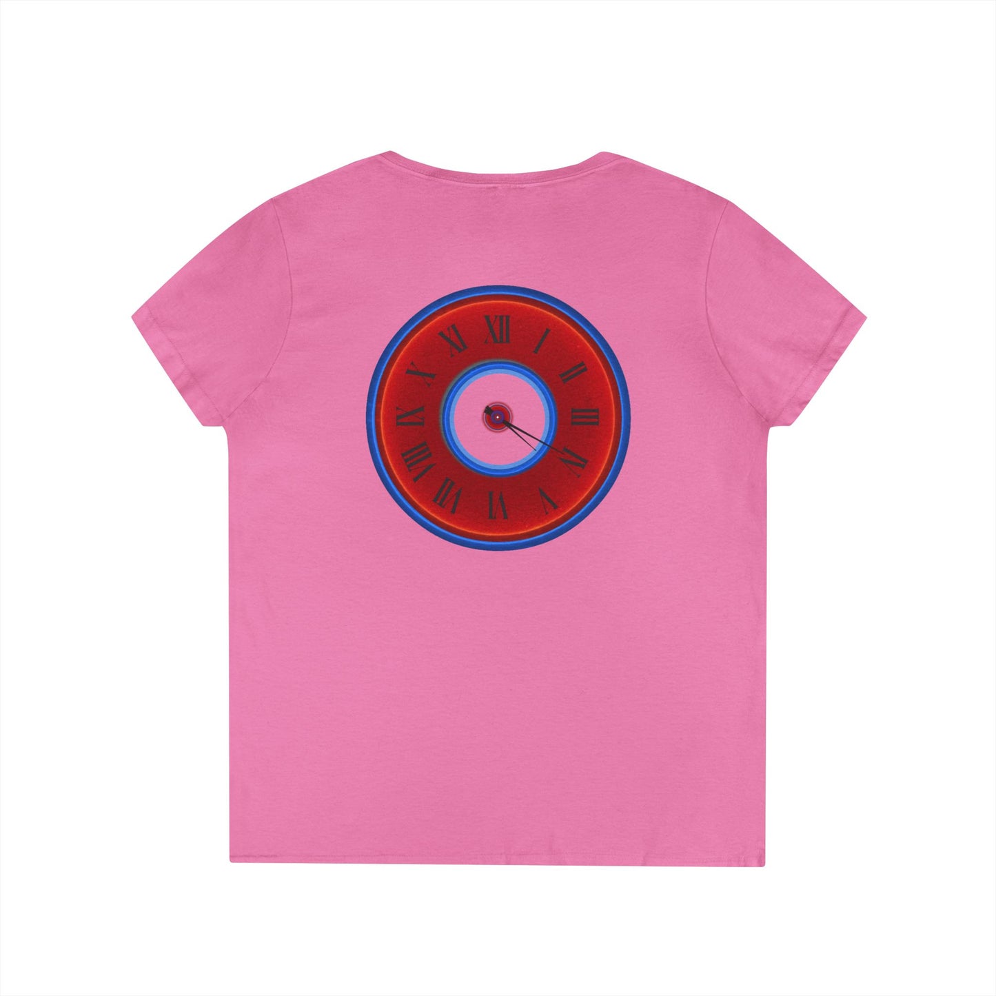 Women's Donut V-Neck Tee - "Time Treasurer's Donut Tee" - vivid red donut w/clock face