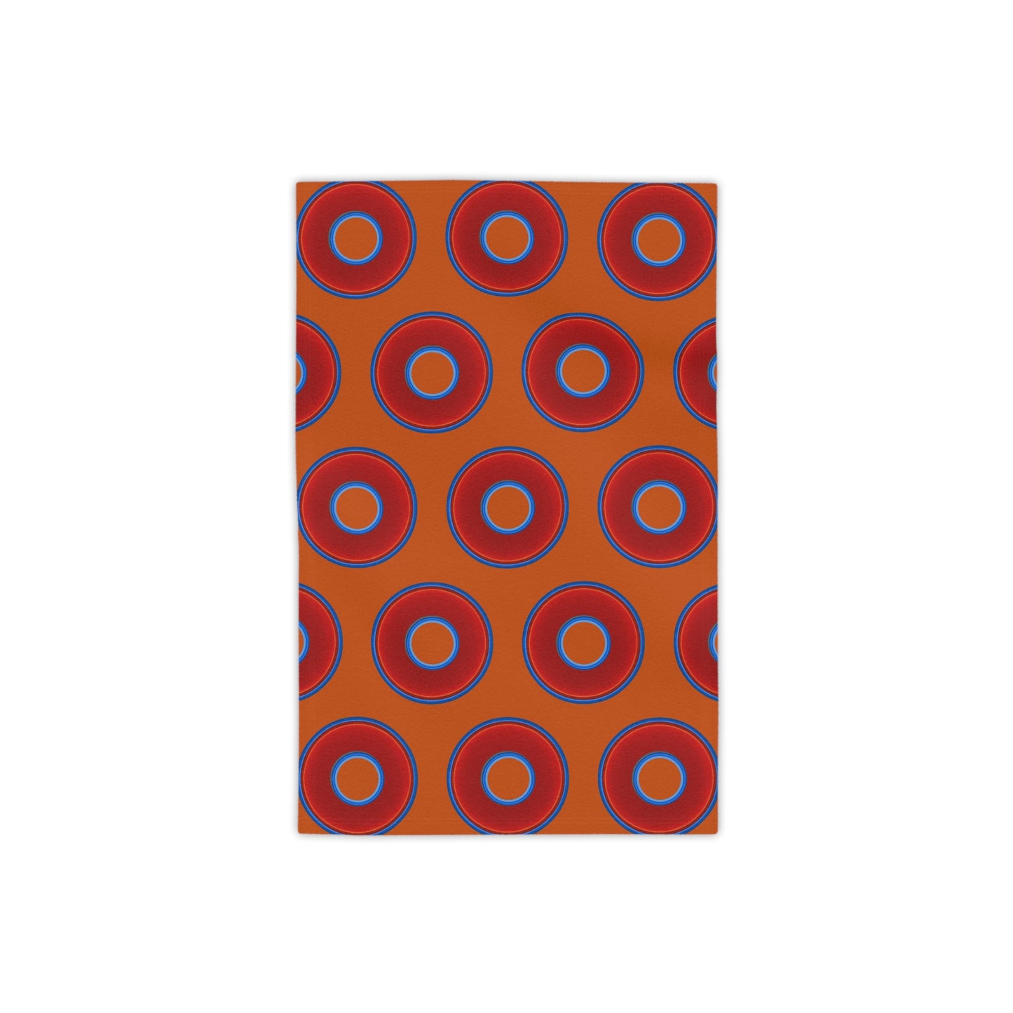 Lumpy Donut Towels - vivid red donuts w/dark orange background