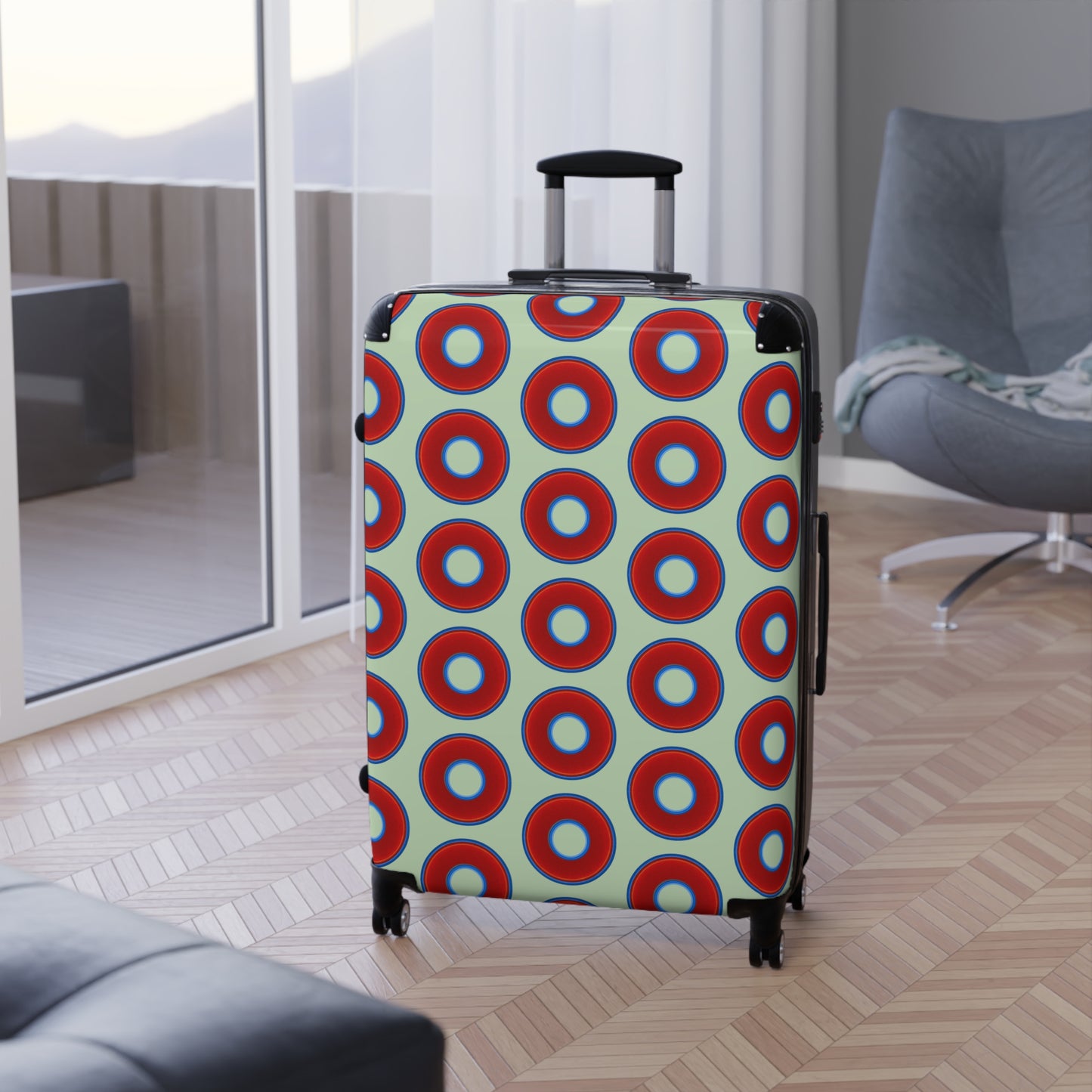 The Very Lumpy Donut Suitcase series - your choice of S, M or L - vivid red donut print w/seafoam background