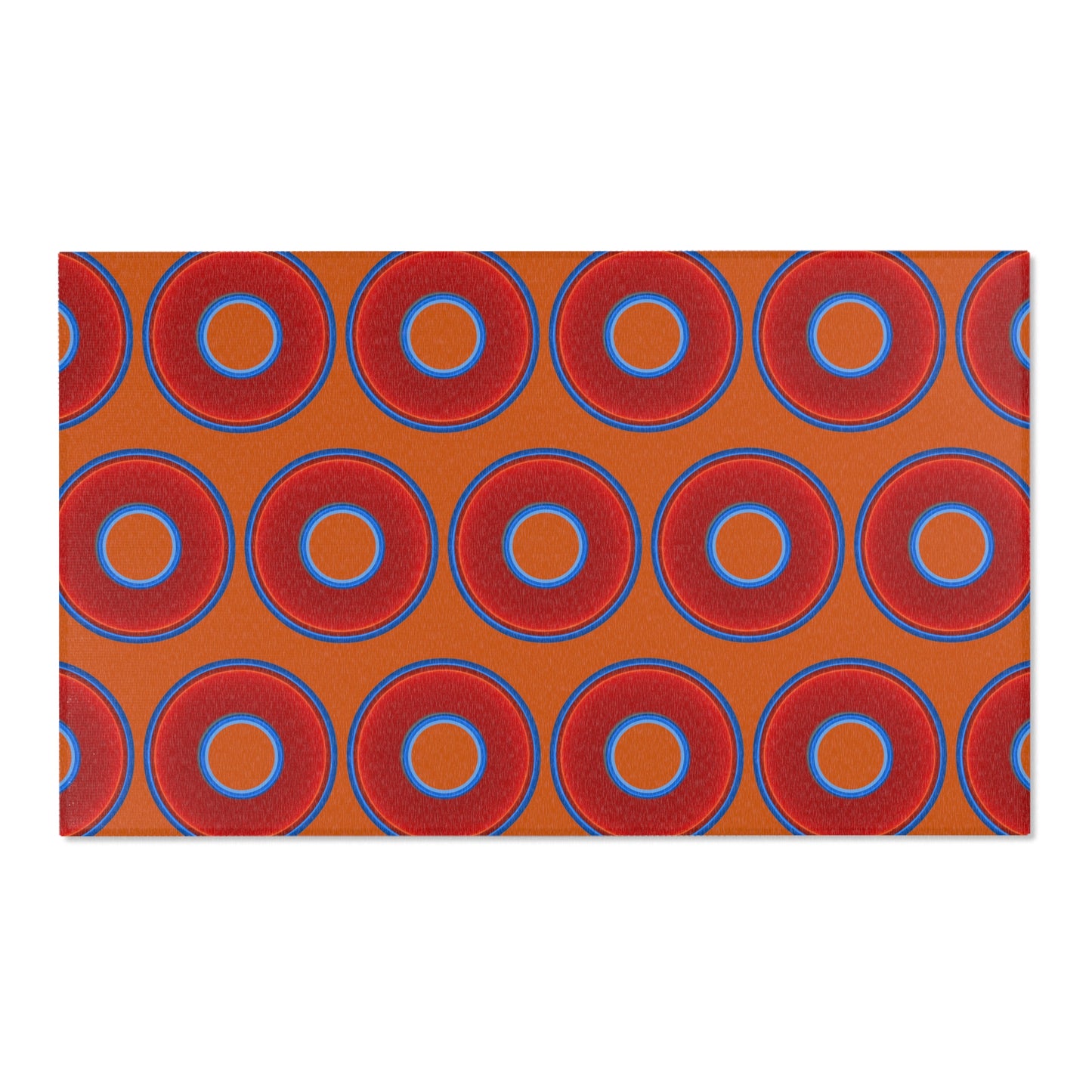 Lumpy Donut Print Rug - choice of 3 sizes - vivid red donut print w/dark orange background