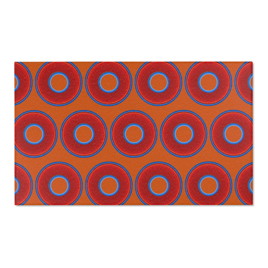 Lumpy Donut Print Rug - choice of 3 sizes - vivid red donut print w/dark orange background