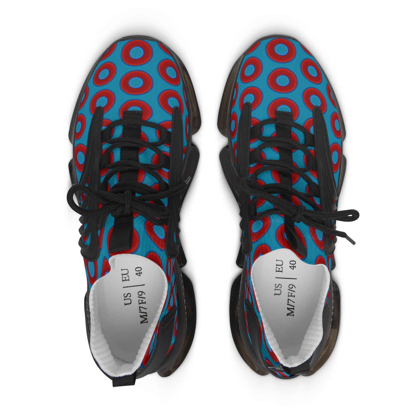 Women's Donut Kicks - red vivid donut print w/aquamarine blue background