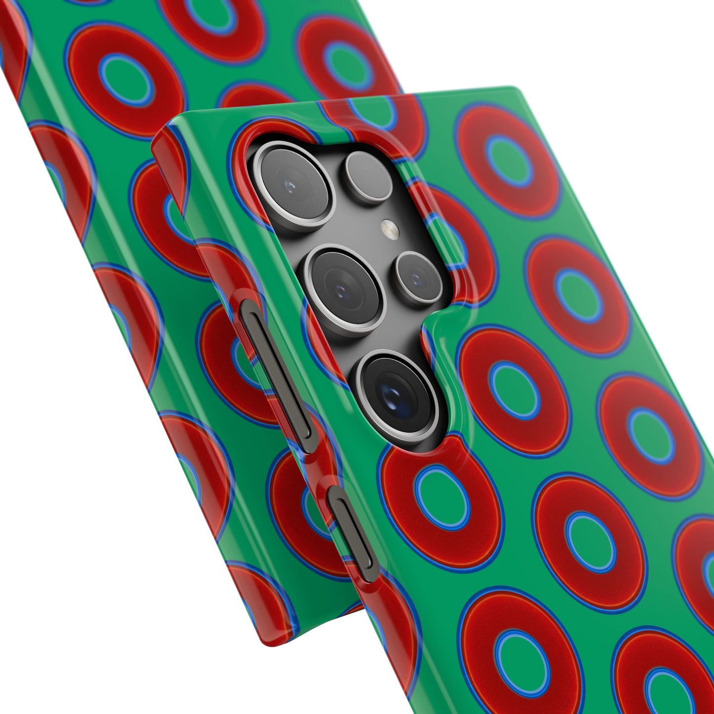 Lumpy Donut Snap Case - red vivid donut print w/jade green background