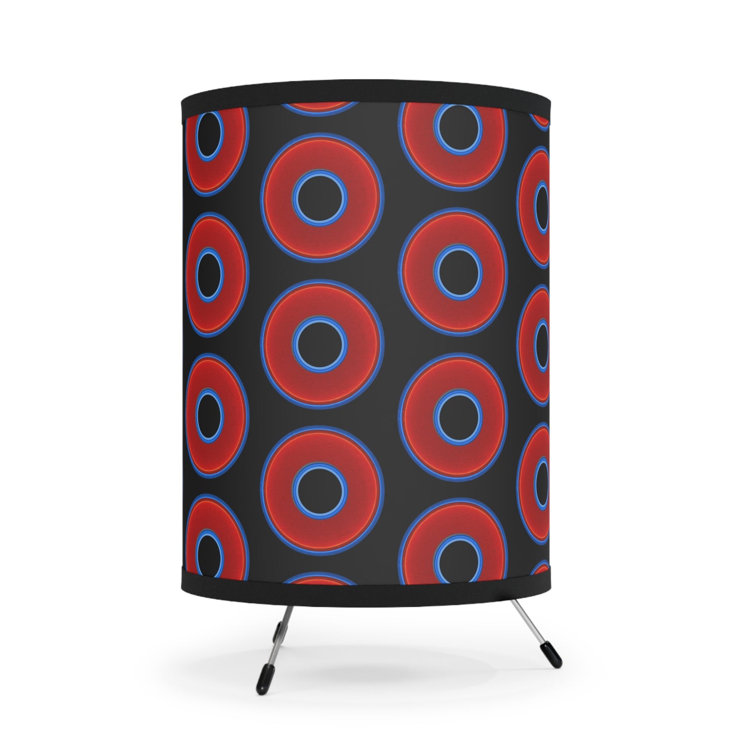 Lumpy Tripod Donut Lamp - vivid red donuts w/black background