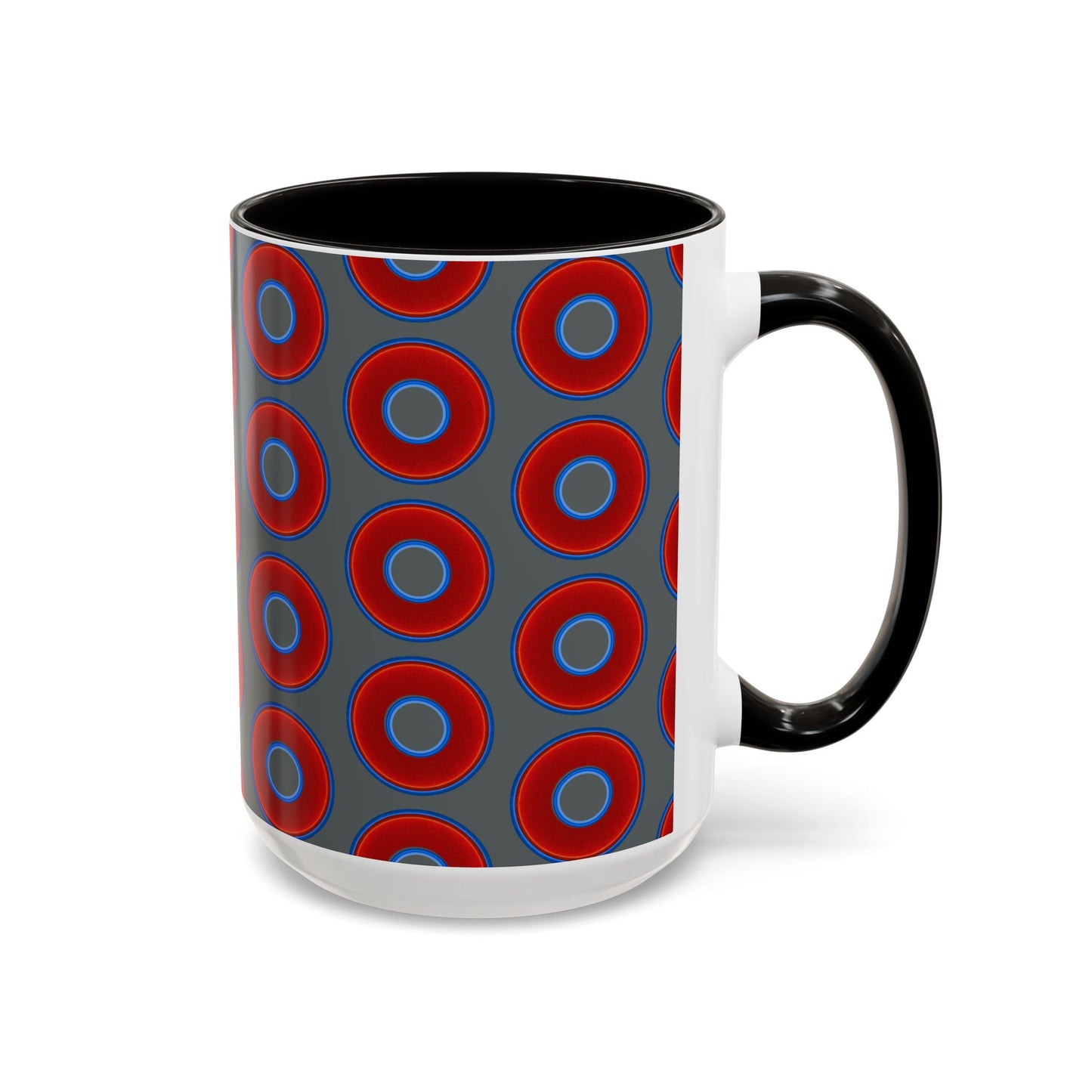 Lump's Grumpy Coffee Mug - vivid red donuts w/dark gray background