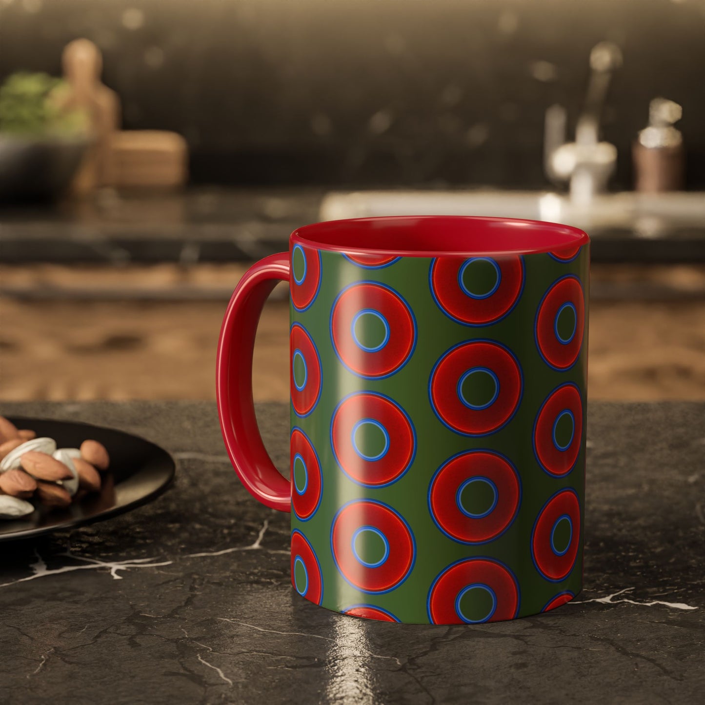 Lump's Grumpy Coffee Mug - vivid red donuts w/dark green background