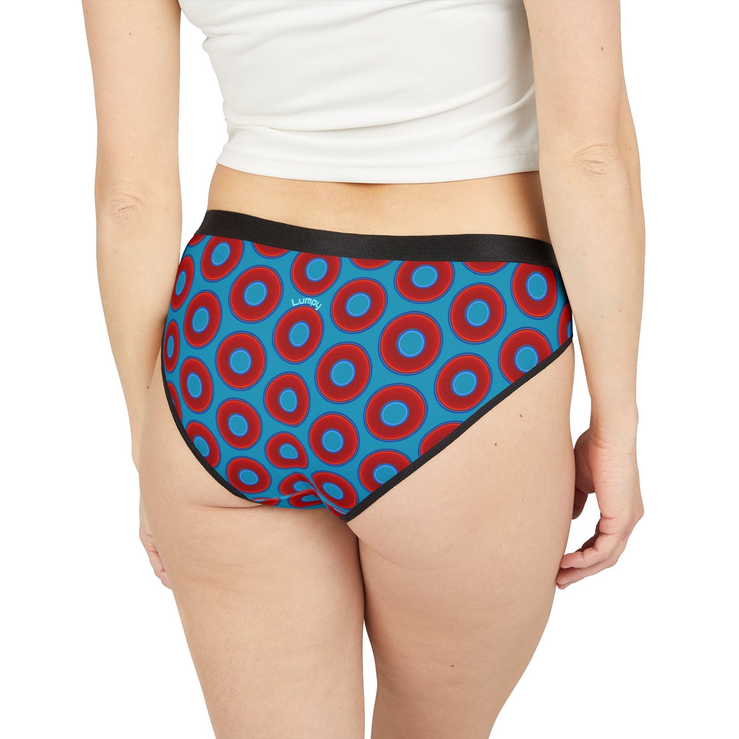 Lumpy Donut Underwear - vivid red donut print w/aquamarine blue background