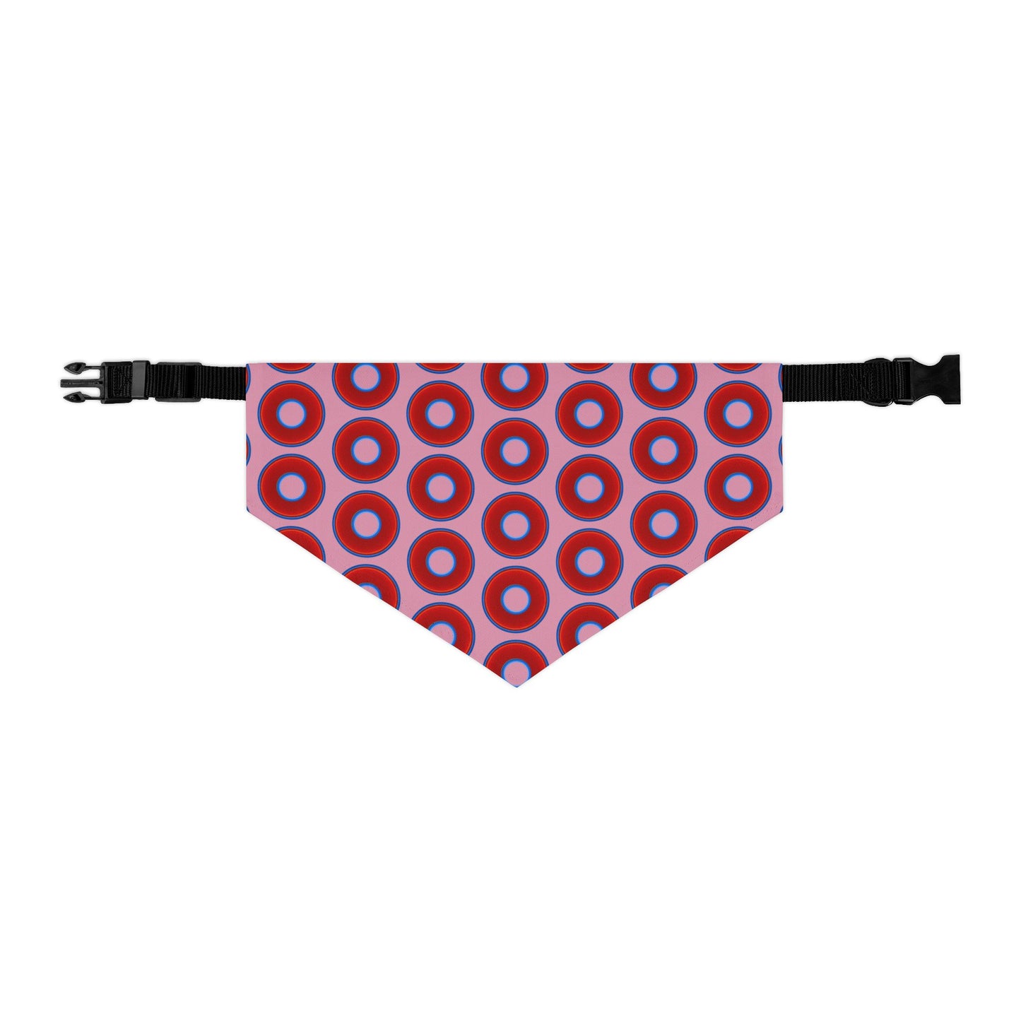 Jim's Lumpy Bandana Pet Collar - vivid red donuts w/pale magenta background