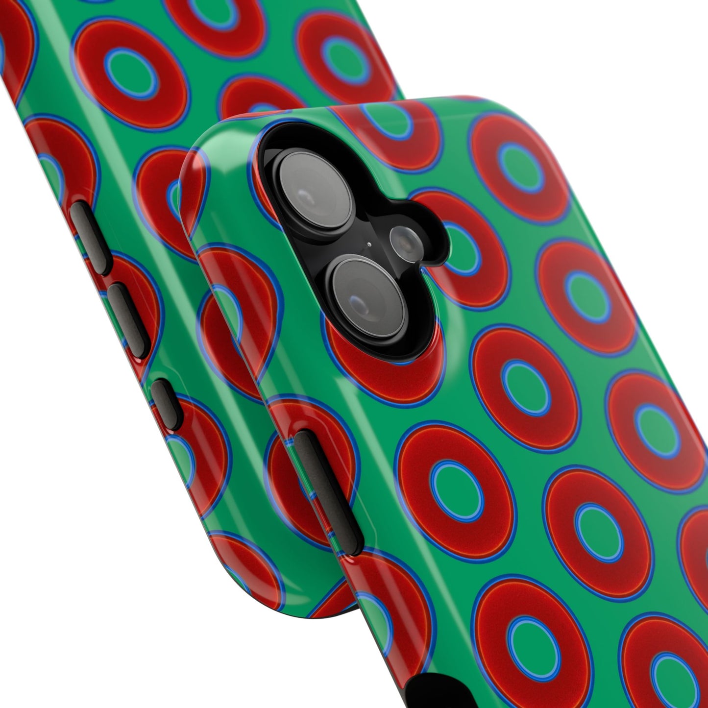 Impact-Resistant Lumpy Donut Case - red vivid donut print w/jade green background
