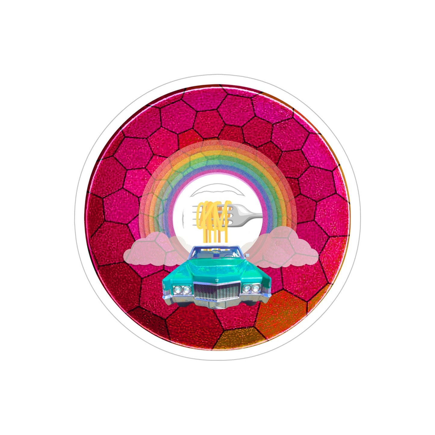 Donut Bumper/Outdoor Sticker - "Spaghetti Incident in my Caddy" - series 1.0 - variant - 2 - mint green caddy on magenta hexadonut - [Die-Cut] 6"x 6"