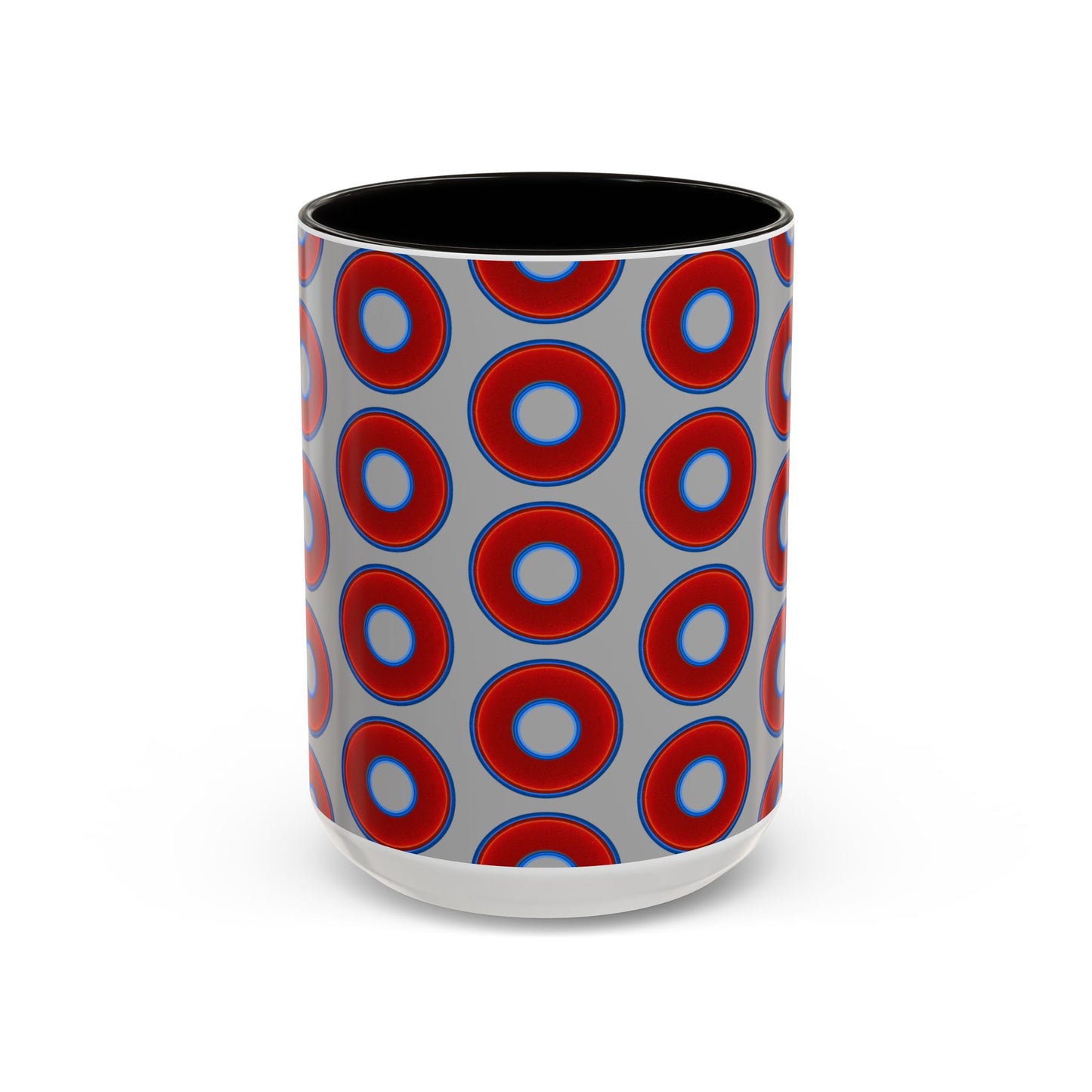 Lump's Grumpy Coffee Mug - vivid red donuts w/light gray background