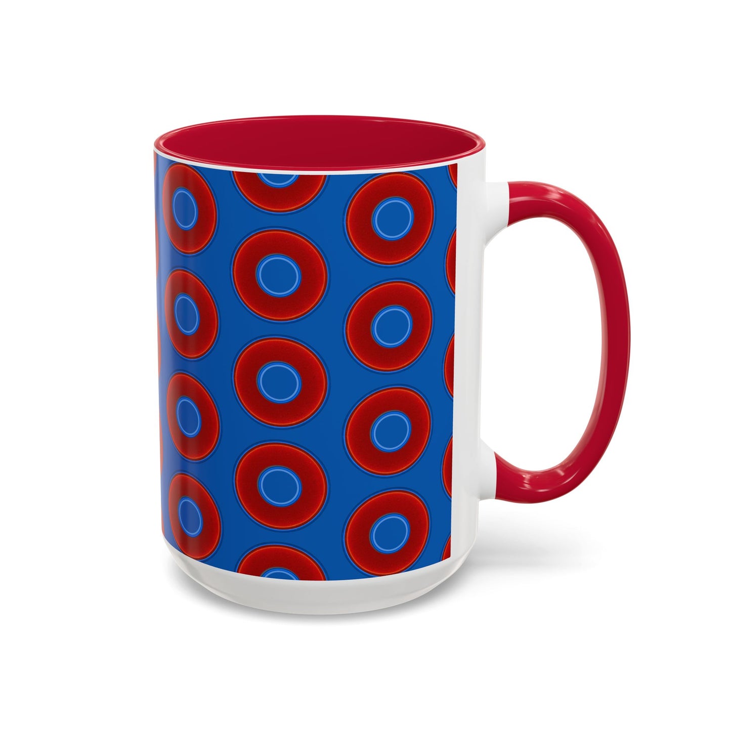 Lump's Grumpy Coffee Mug - vivid red donuts w/dark royal blue background