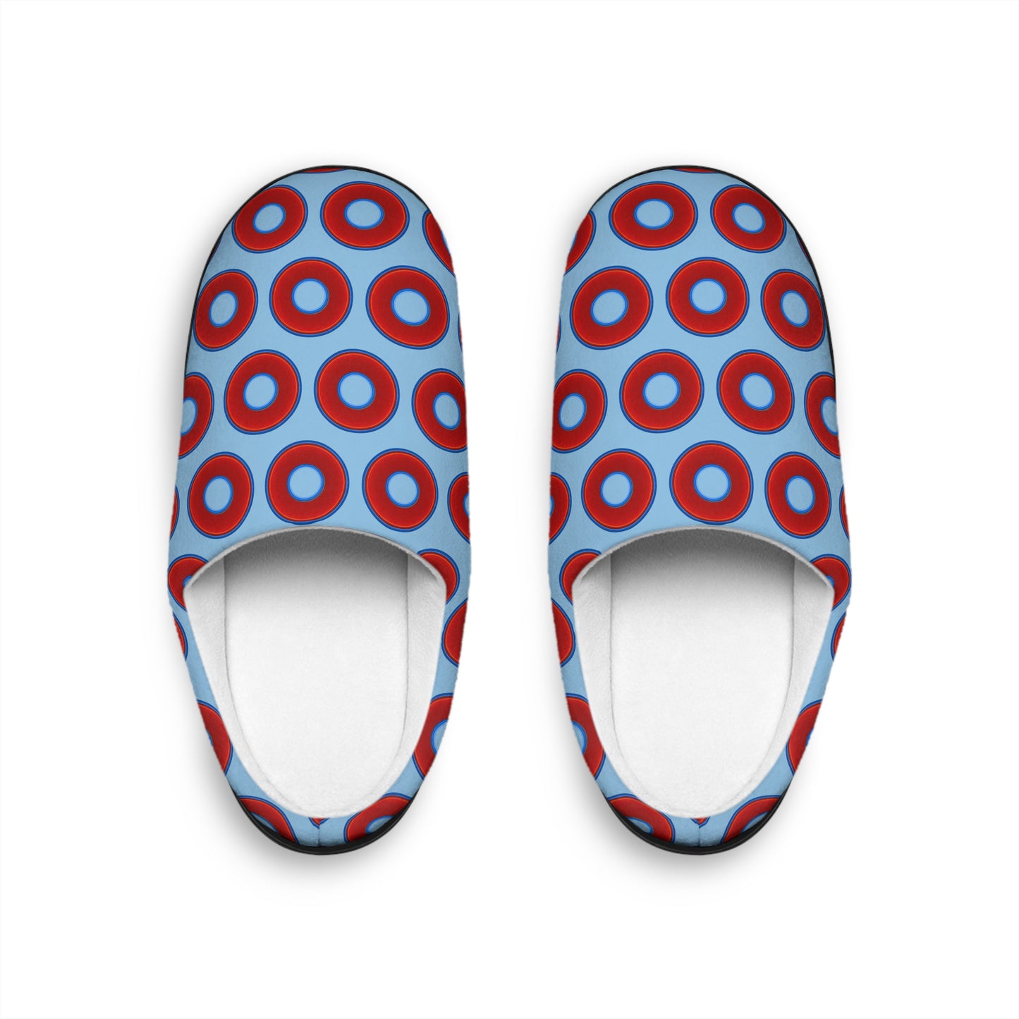 Women's Lumpy Slippers - red vivid donut print w/sky blue background