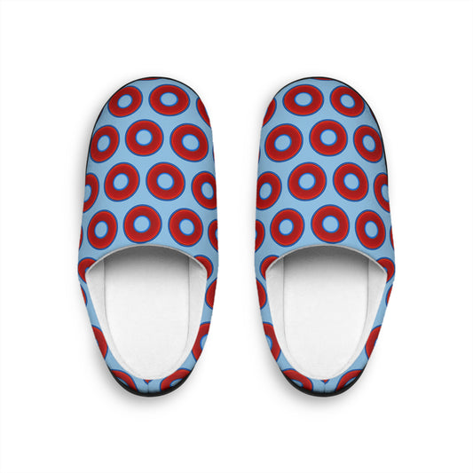 Women's Lumpy Slippers - red vivid donut print w/sky blue background
