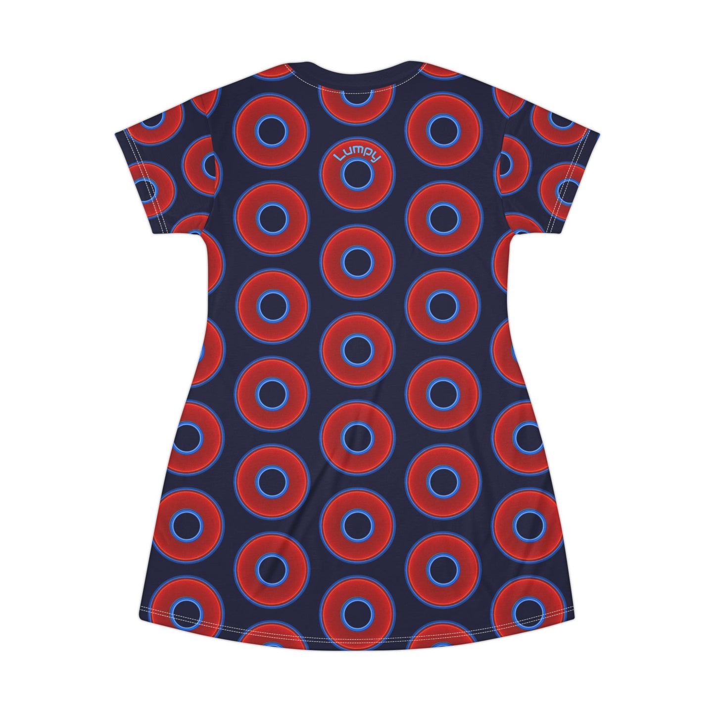 Not a Muumuu AOP Tee Shirt Dress - red vivid donuts w/dark navy blue background