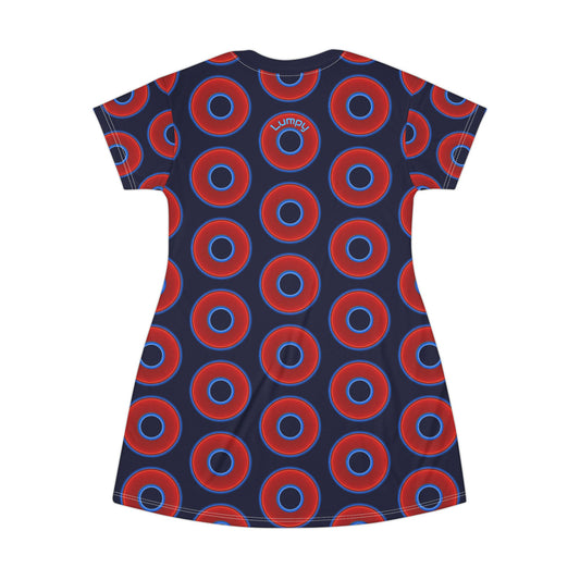 Not a Muumuu AOP Tee Shirt Dress - red vivid donuts w/dark navy blue background