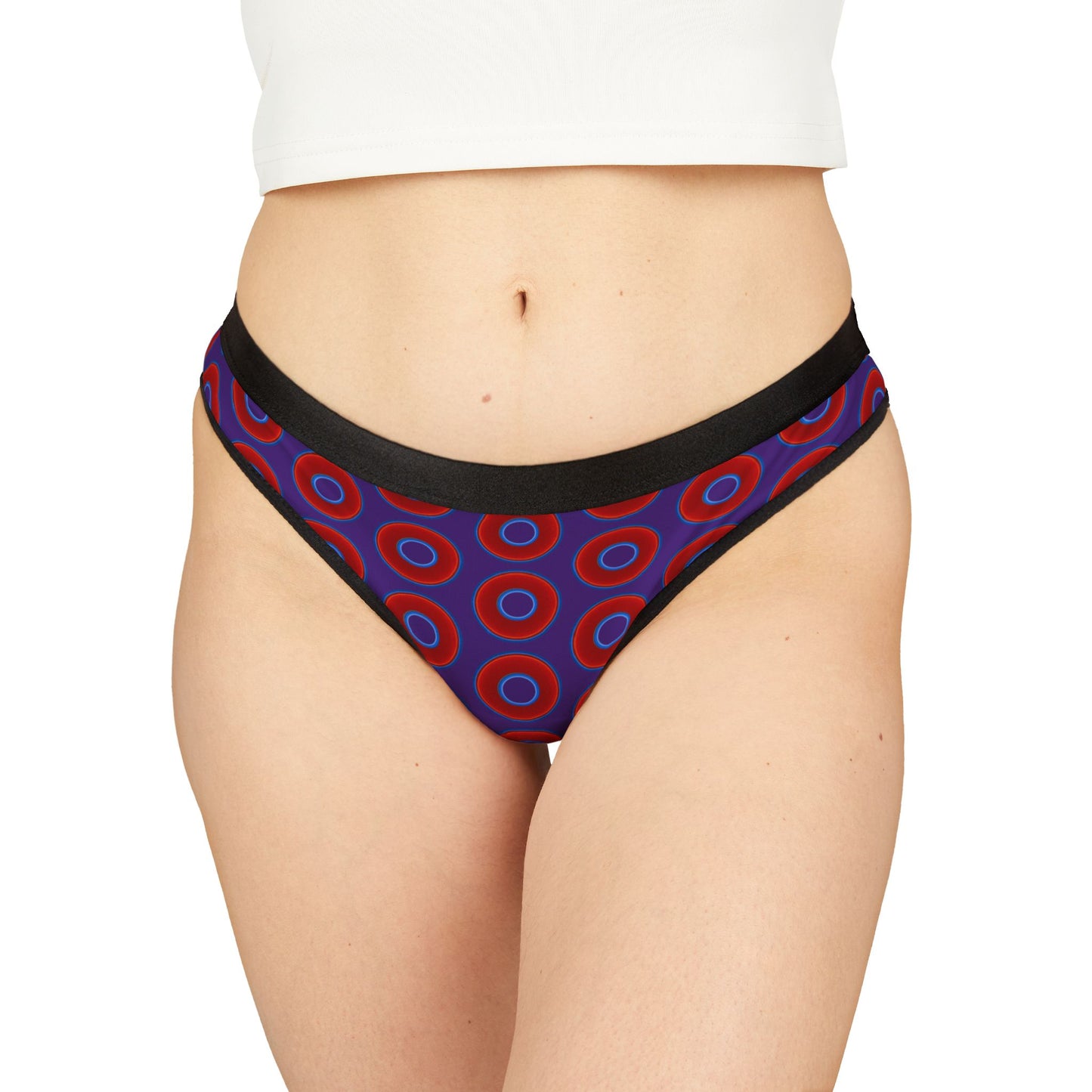 Lumpy Donut Thongs - red vivid donut print w/dark purple background