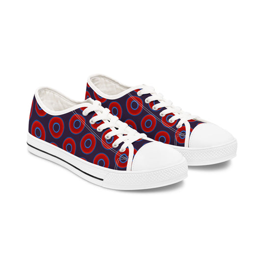 Women's - Low Top Chuck Taylors - large vivid red donut print w/midnight purple background