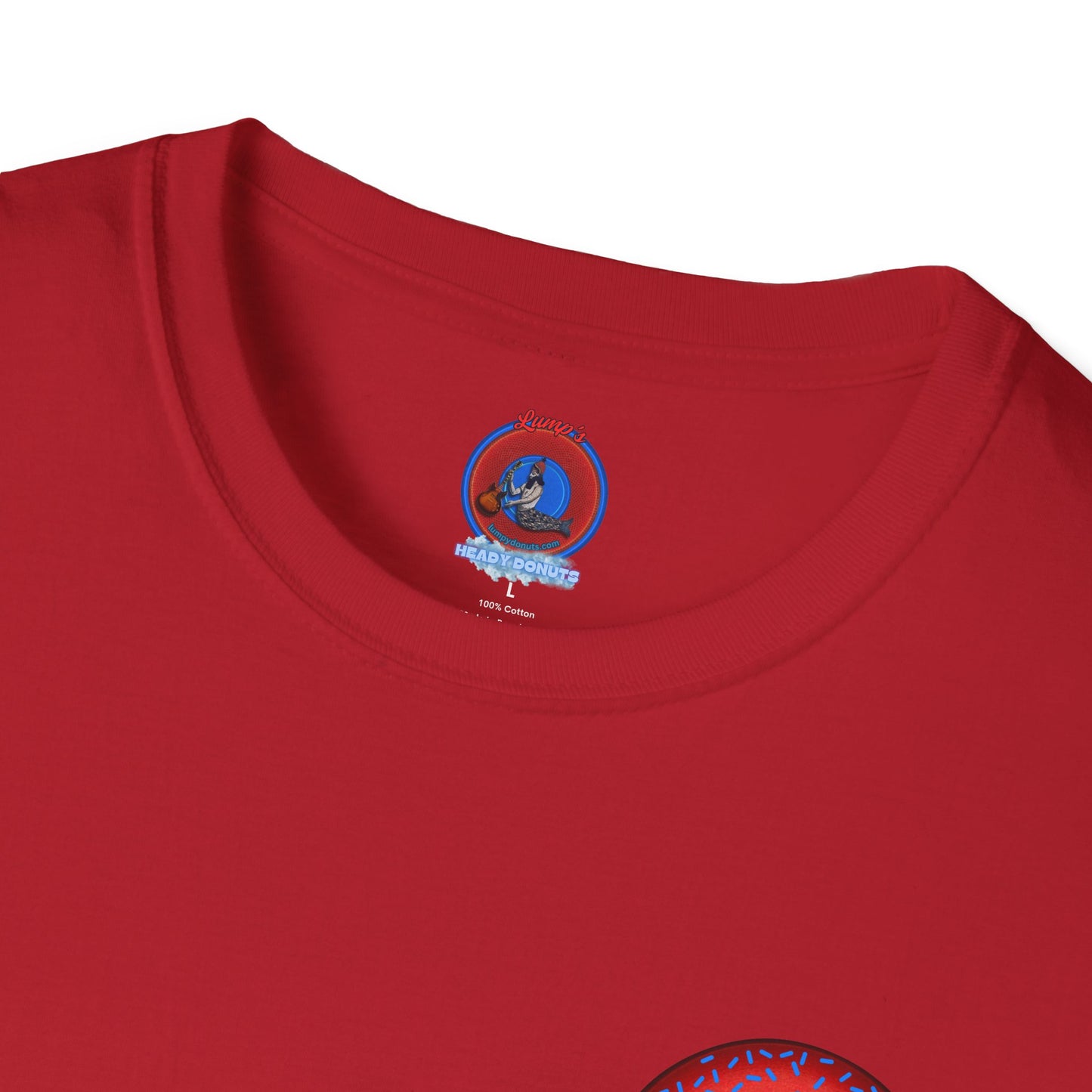 Classic Donut Tee - Unisex Soft-Style - "Plain Plump Donut w/" - plump red donut w/blue sprinkles