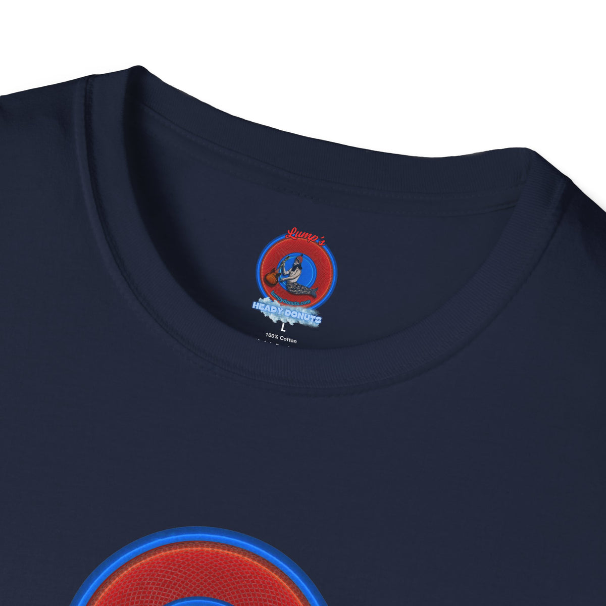 Classic Donut Tee - Unisex Soft-Style - "The Story of the Donut - a Ghostly Good Time" - red/blue rustic donut - variant 1