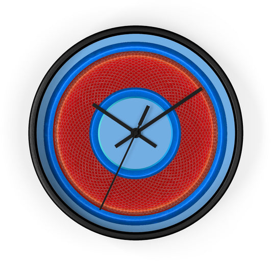 Lumpy Wall Clock - red rustic donut w/light blue edging - variant 7 w/light blue background