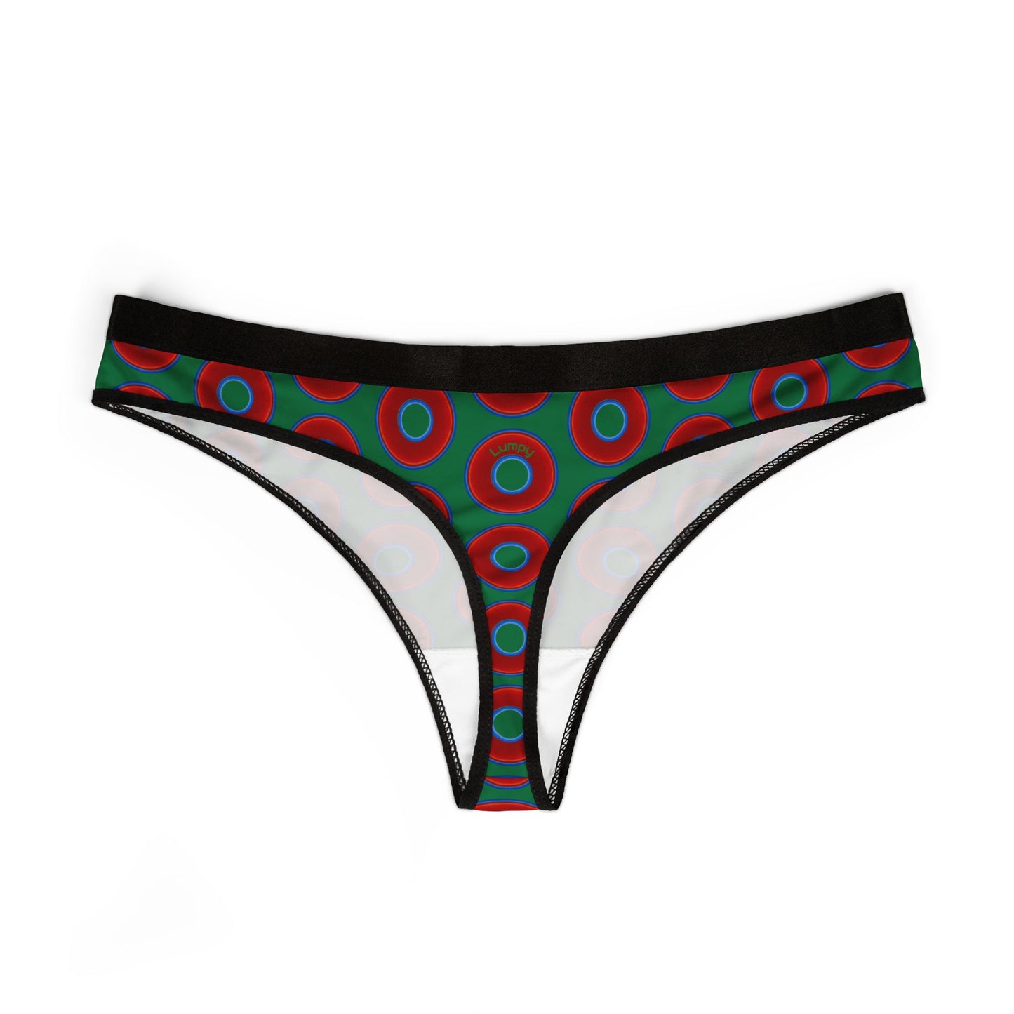 Lumpy Donut Thongs - red vivid donut print w/green background