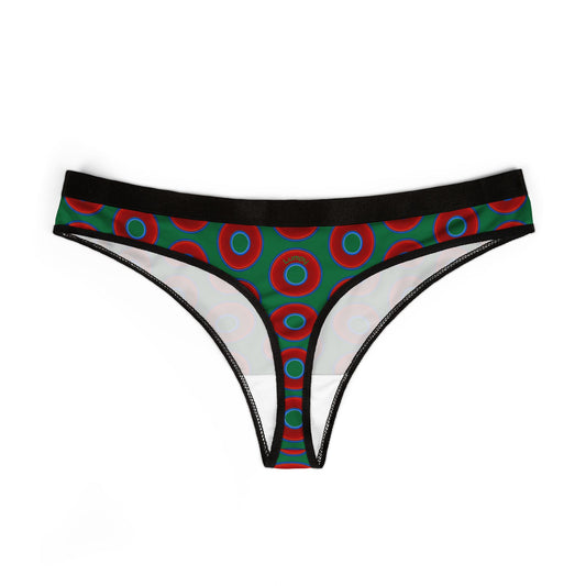 Lumpy Donut Thongs - red vivid donut print w/green background