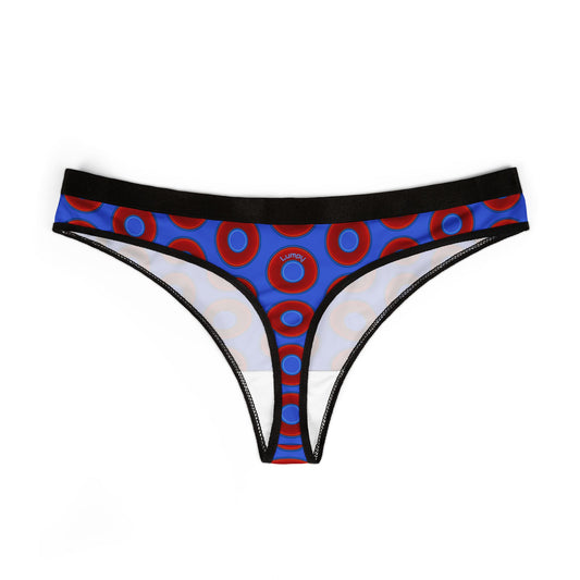 Lumpy Donut Thongs - red vivid donut print w/royal blue background