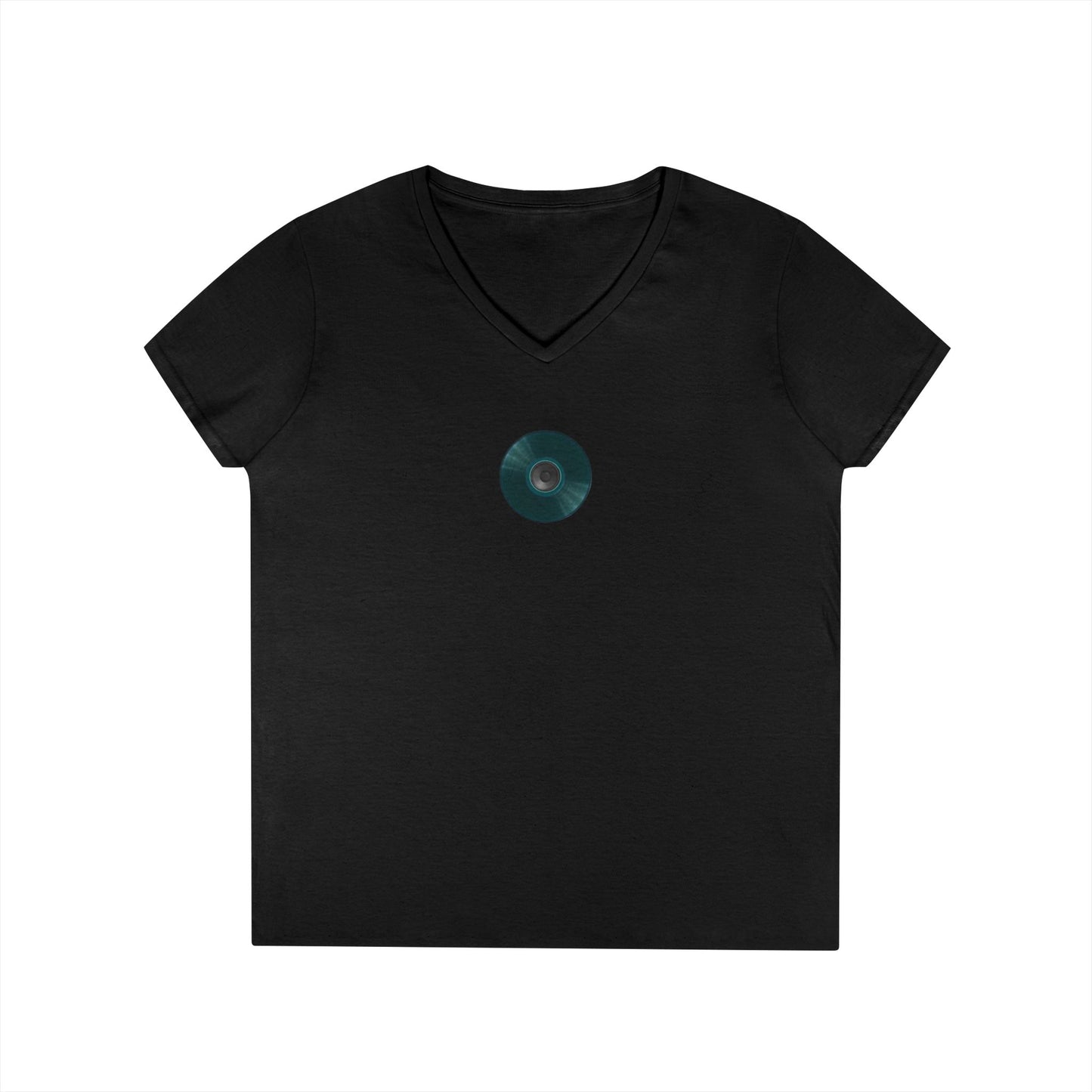 Women's Donut V-Neck Tee - "Speaker Donut" - vivid teal record donut w/