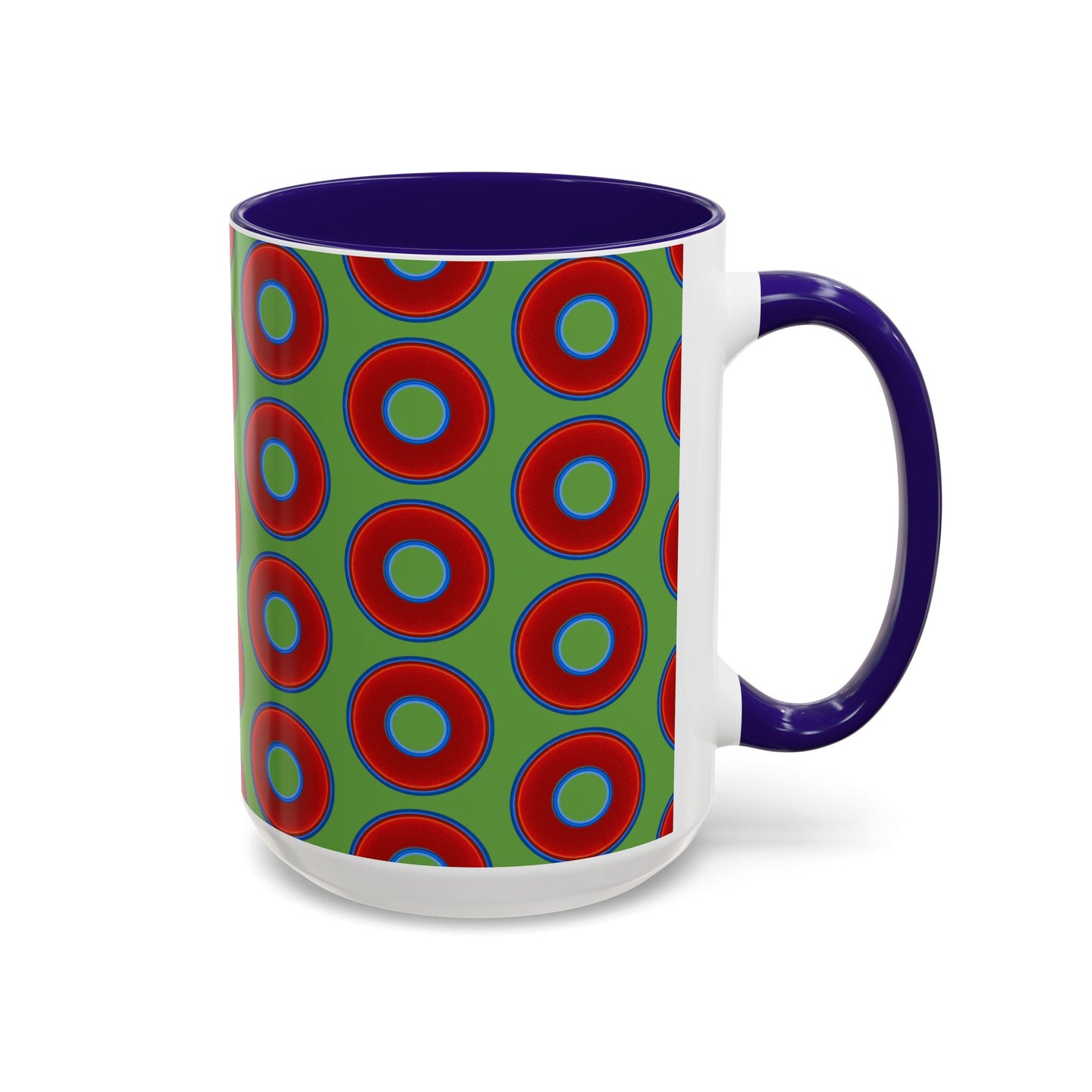 Lump's Grumpy Coffee Mug - vivid red donuts w/light green background