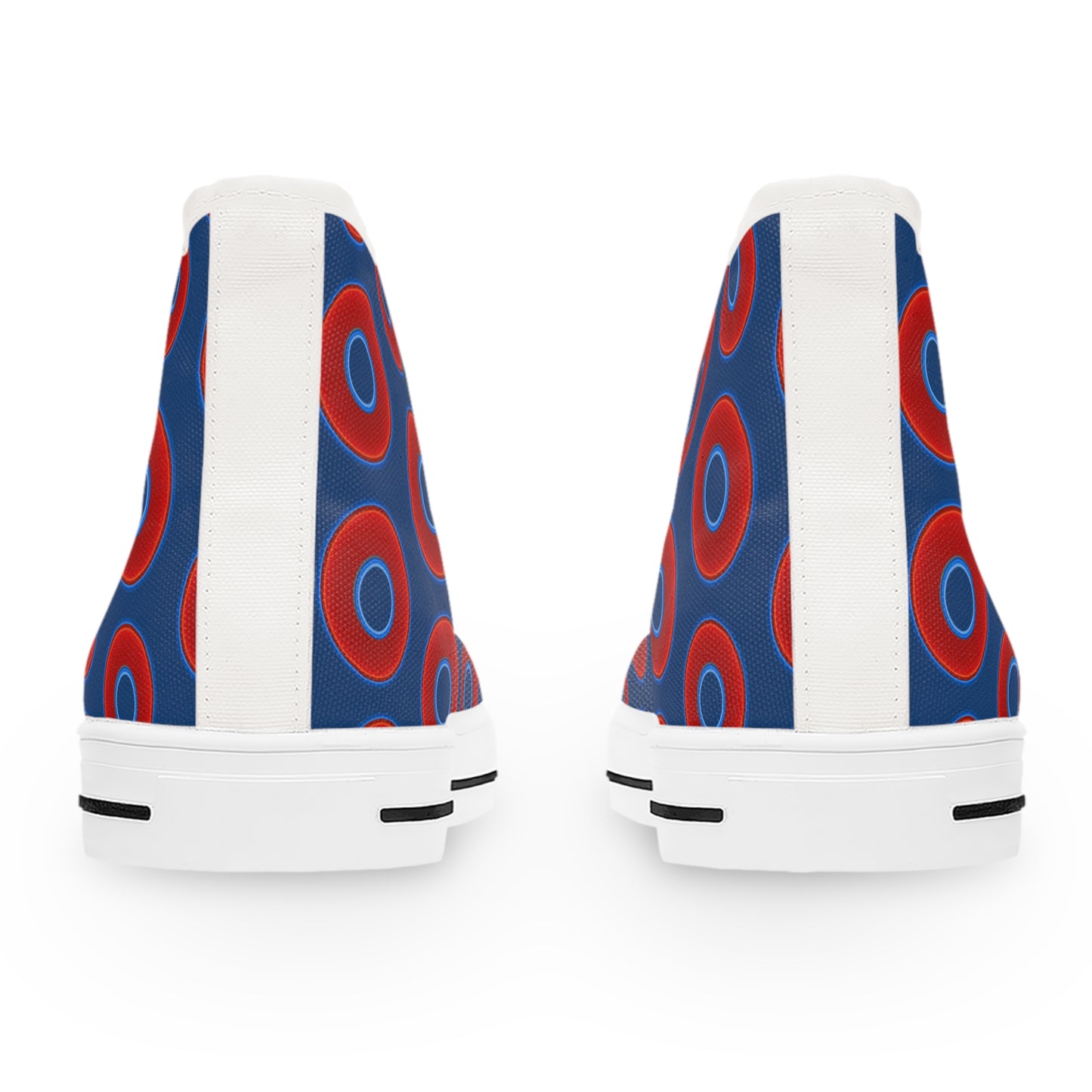 Women's High Top Chuck Taylors - large vivid red donut print w/Atlantic navy background