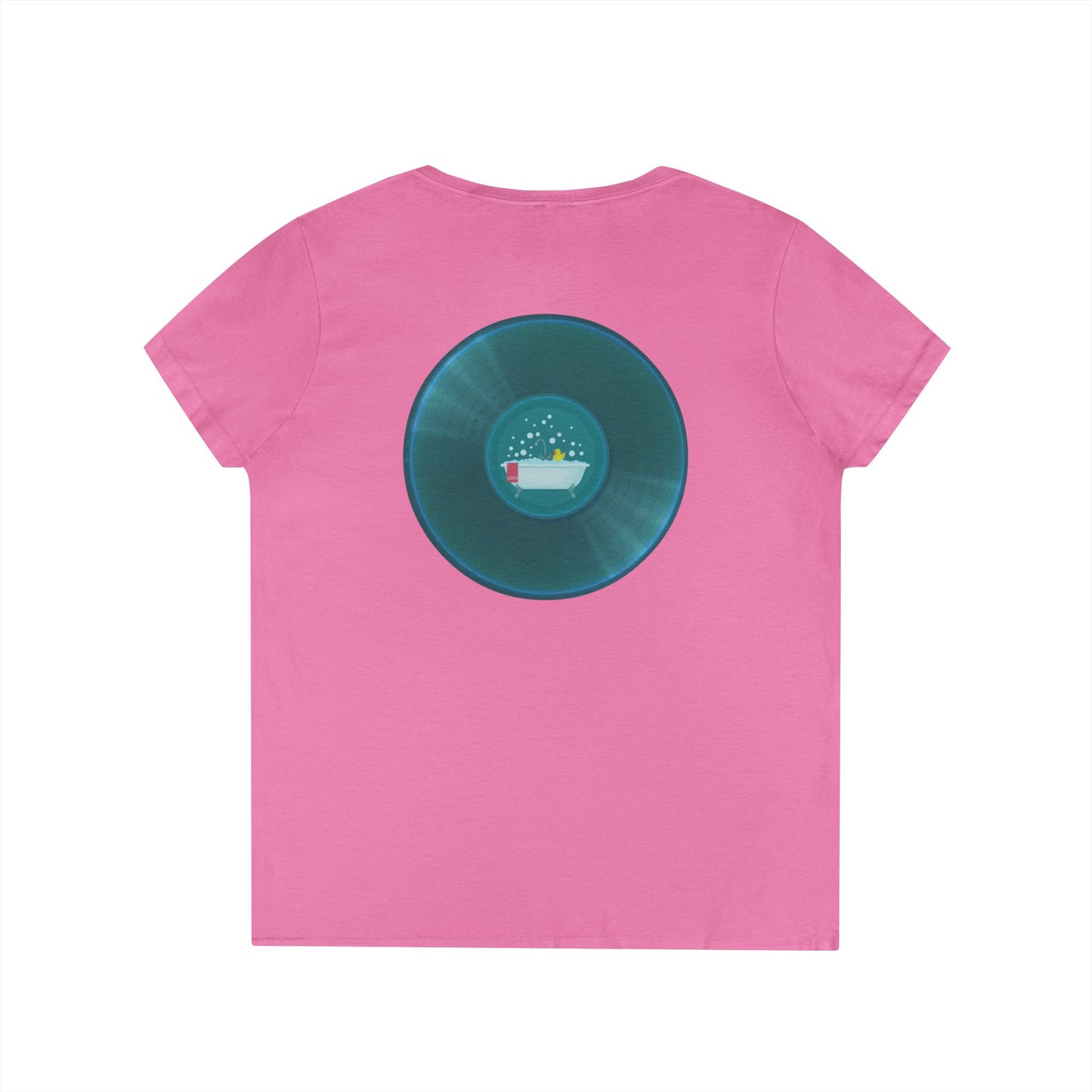Women's Donut V-Neck Tee - "Bathtub Fun Donut" - vivid aquamarine donuts w/tub