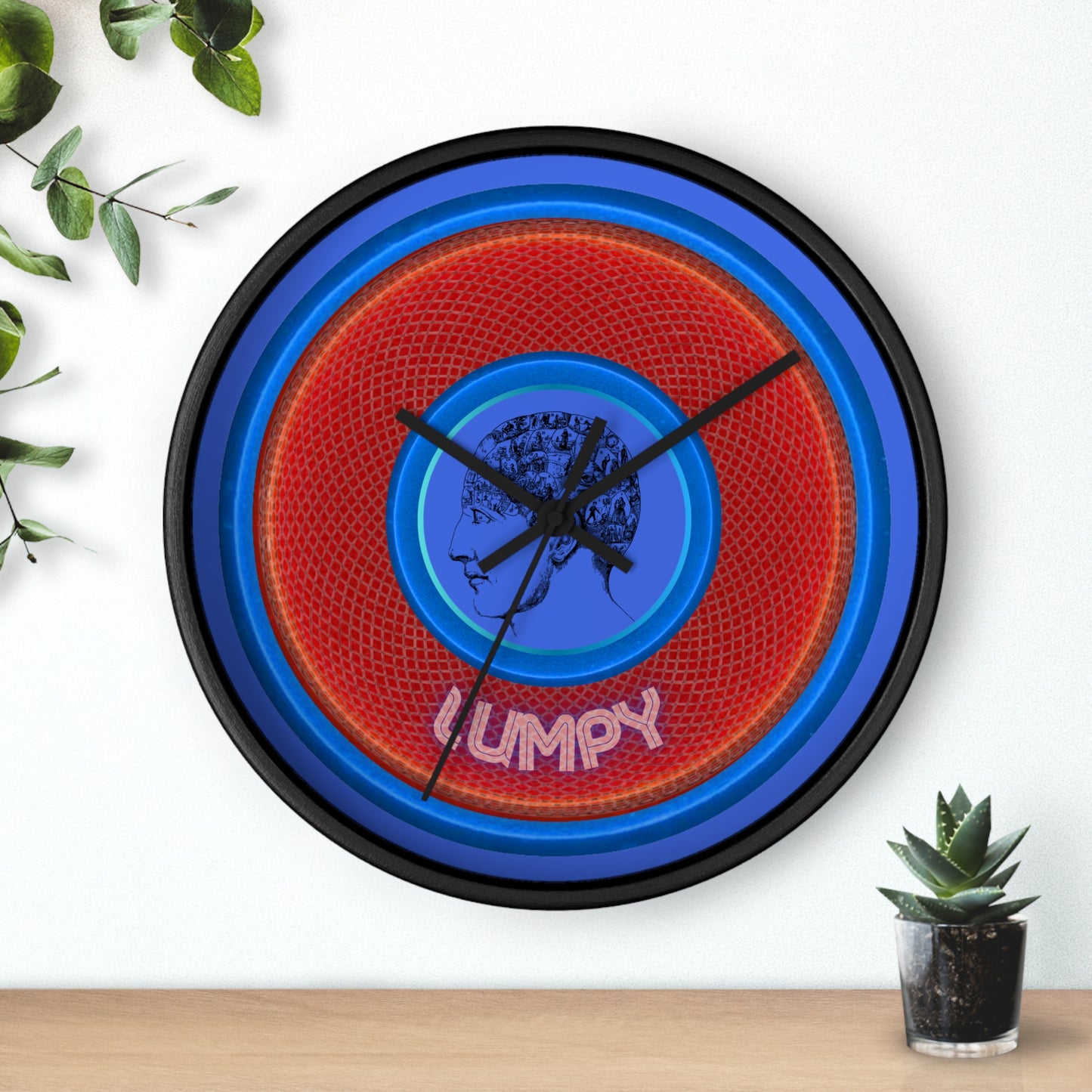 Lumpy Wall Clock - "Carini's Lumpy Donut" - variant 1 - red rustic donut w/royal blue background