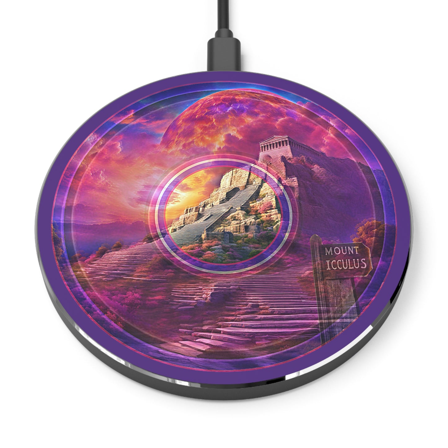 The Flow - Wireless Lumpy Donut Chargers - "Icculus Mountain Fresh Wireless Power" - vivid purple/magenta pic donut w/purple background