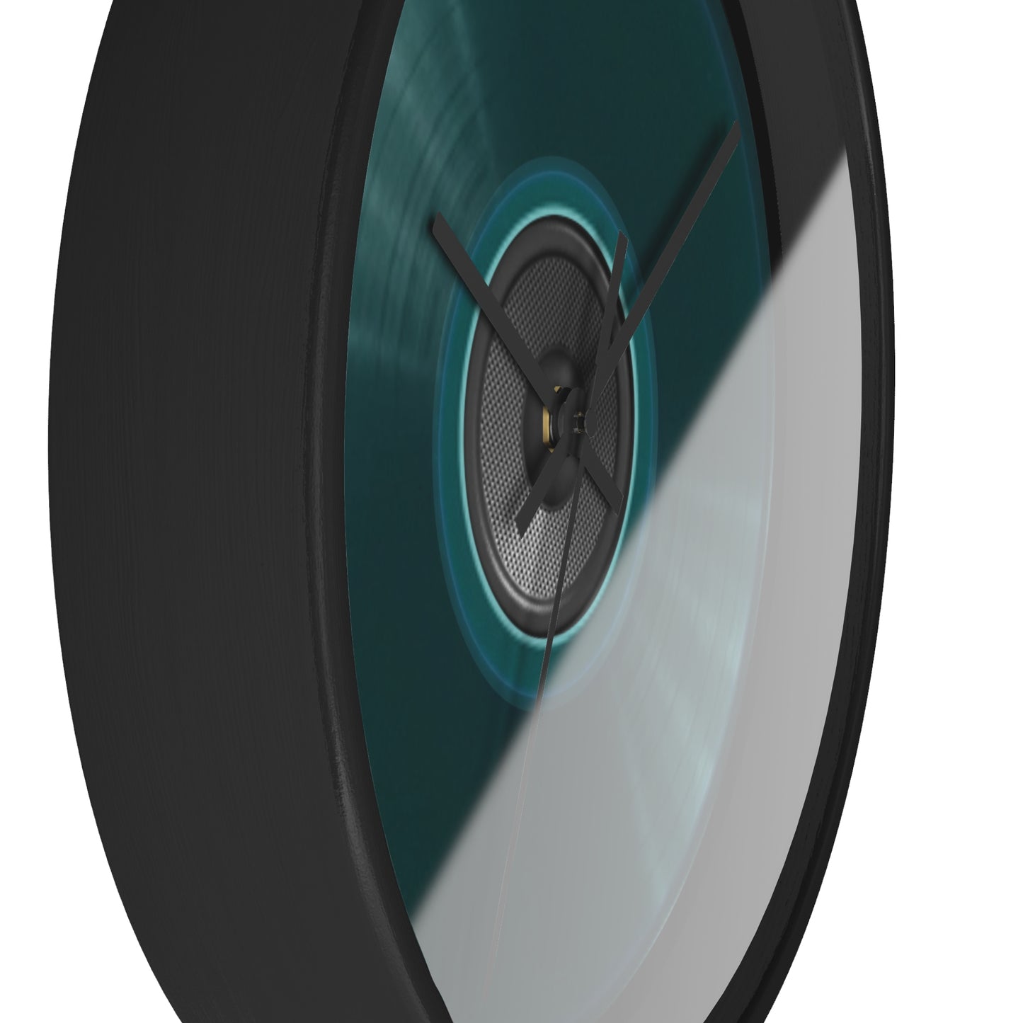 Lumpy Wall Clock - "Record/Speaker Donut" vivid dark teal donut w/black background