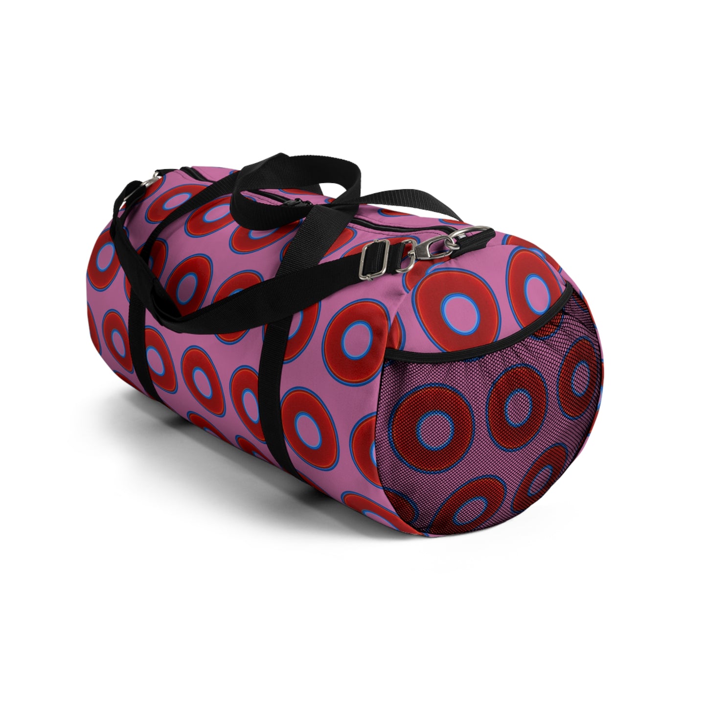 Lumpy Duffel - vivid red donuts w/light pink background