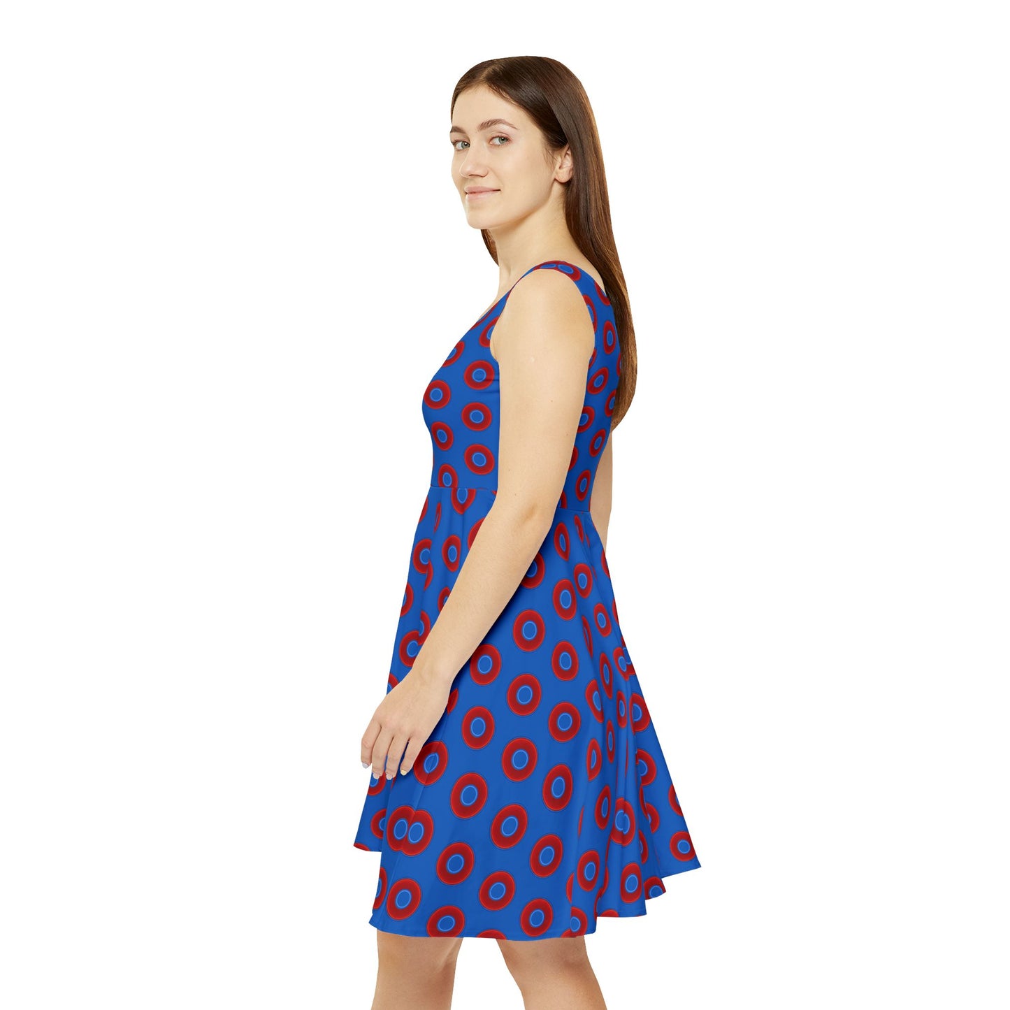 Women's Skater Donut Dress - vivid red donut print w/dark royal blue background