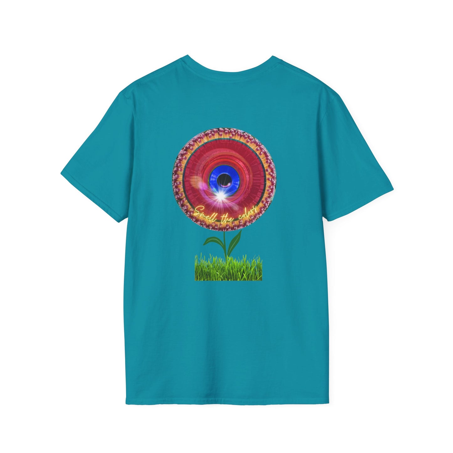Classic Donut Tee - Unisex Soft-Style - "Smell the Donuts Outside on my Lawn"  " variant 2 - blue donut on red donut/flower