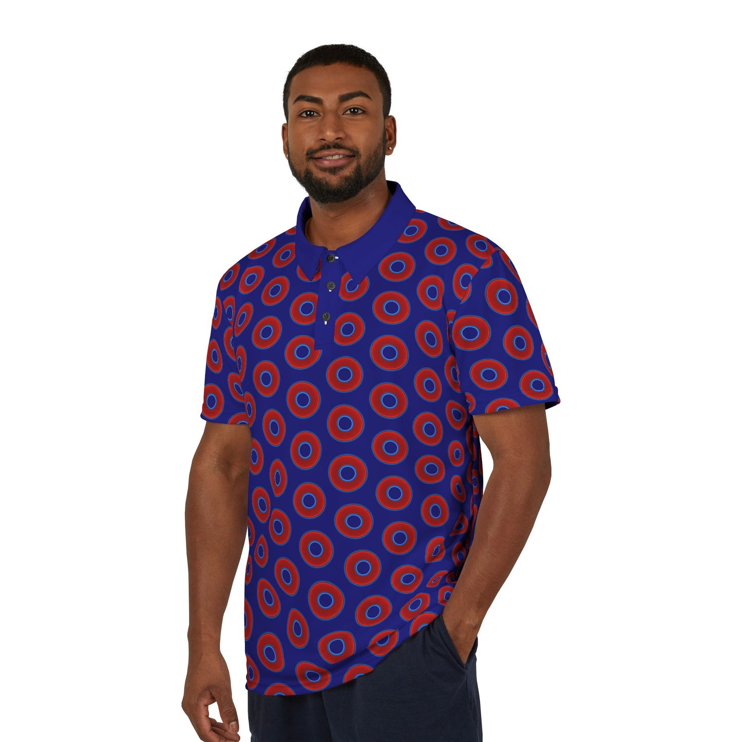 AOP Donut Polo - vivid donut print w/vivid navy blue background [unisex]