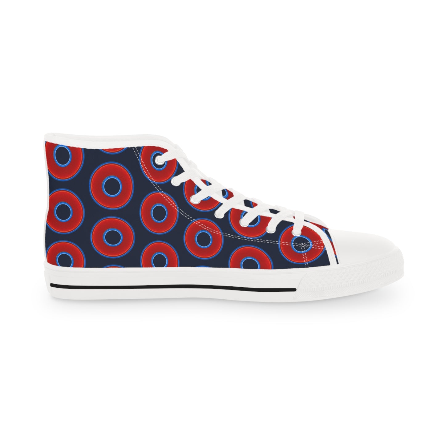 Men's High Top Chucks - large vivid red donut print w/midnight teal blue background