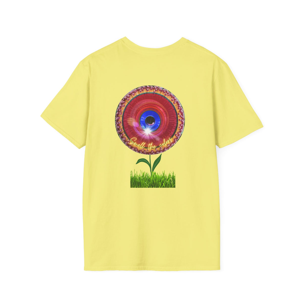 Classic Donut Tee - Unisex Soft-Style - "Smell the Donuts Outside on my Lawn"  " variant 2 - blue donut on red donut/flower