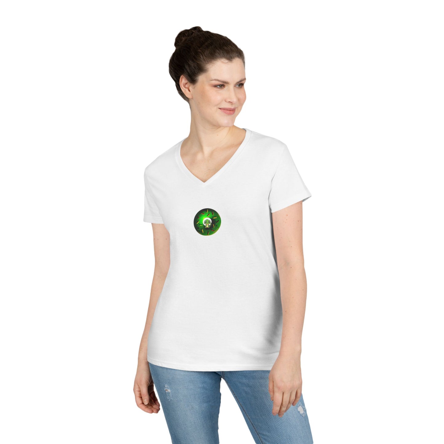Women's Donut V-Neck Tee - "Little Baby Rutherford" - green cartoon donut w/sprinkles