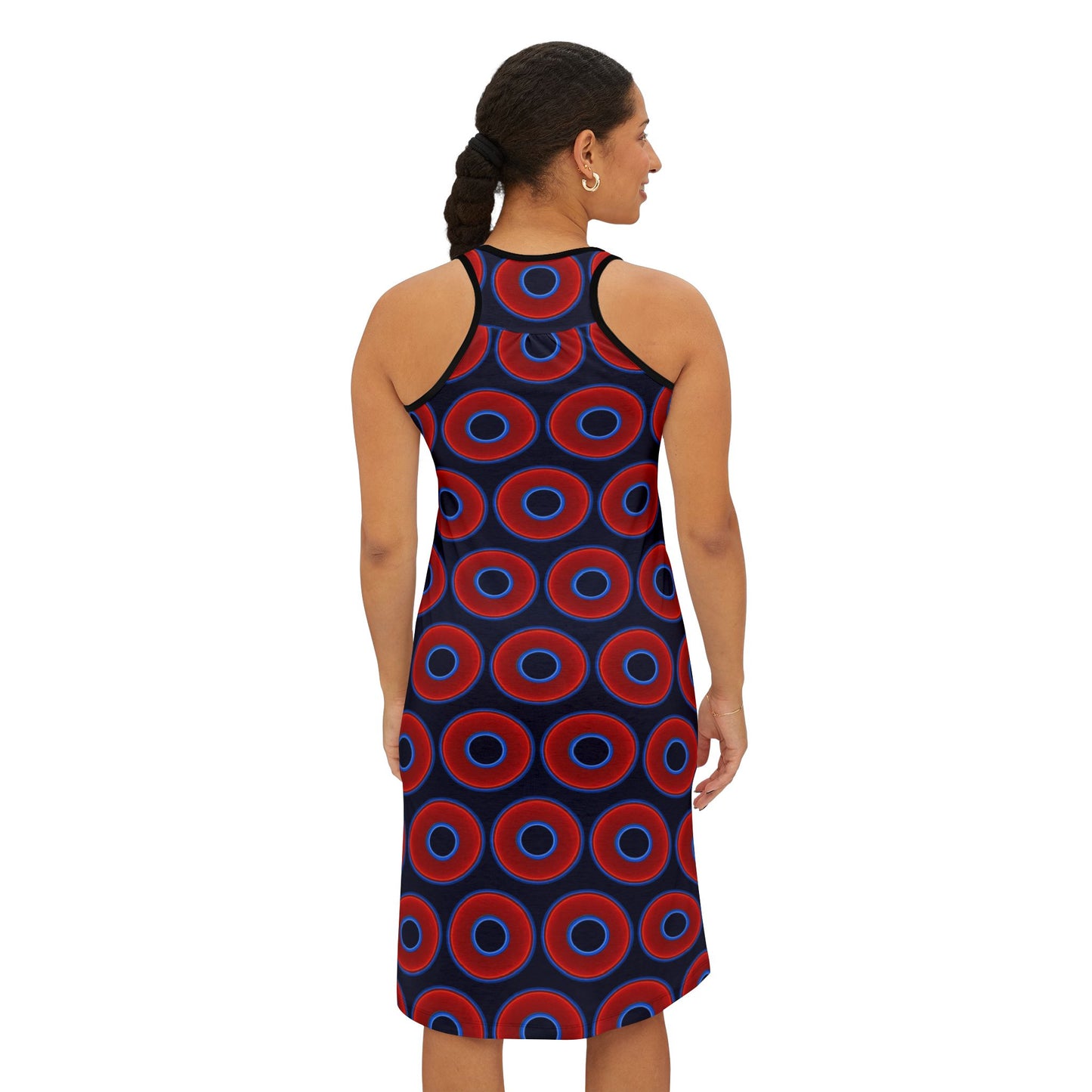 Tela's Lumpy Racerback Donut Dress - red vivid donut print w/dark navy blue background