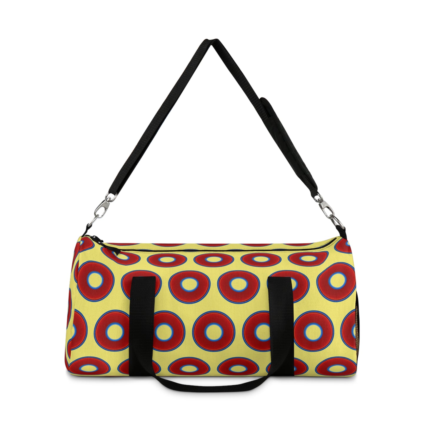 Lumpy Duffel - vivid red donuts w/yellow background