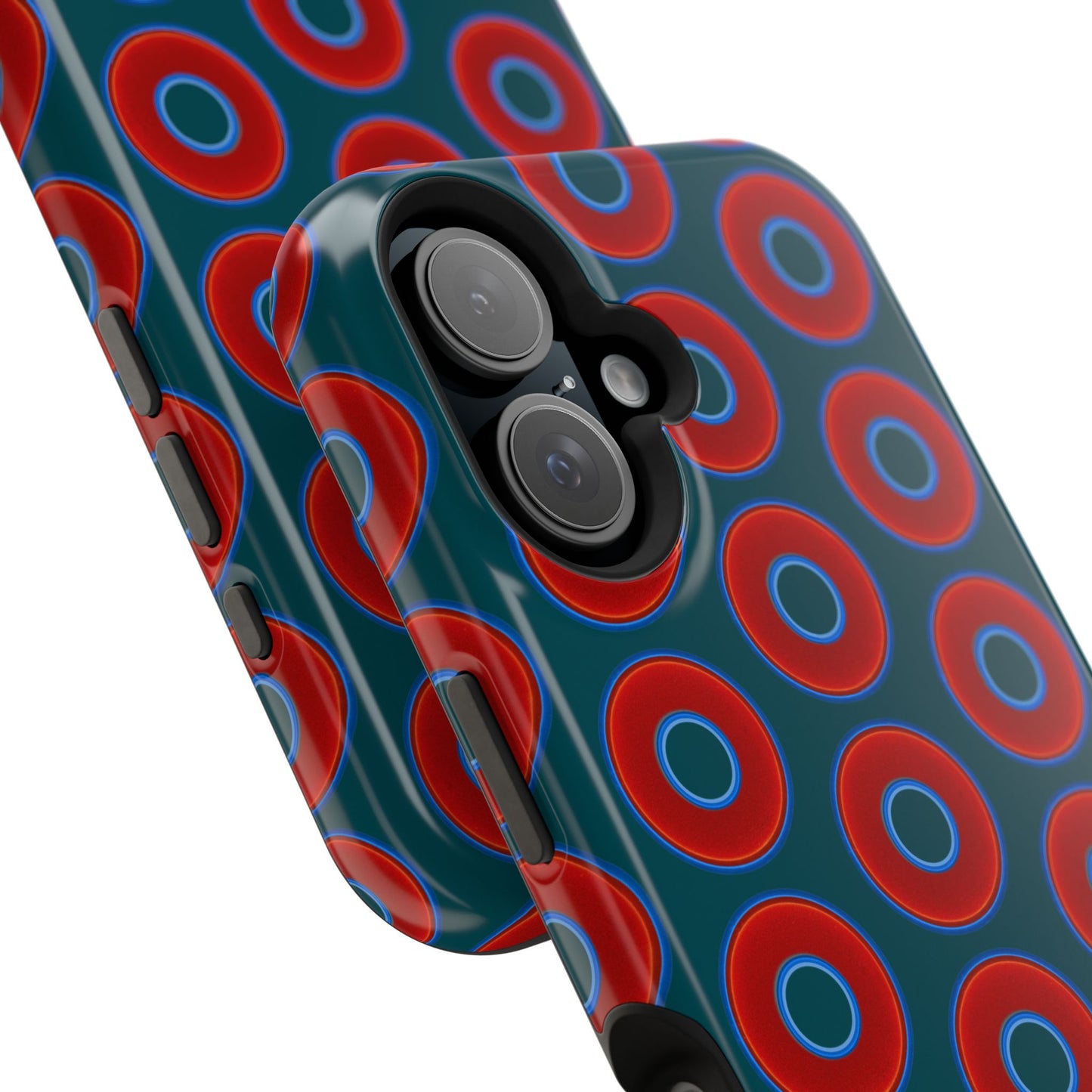 Impact-Resistant Lumpy Donut Case - red vivid donut print w/midnight green background