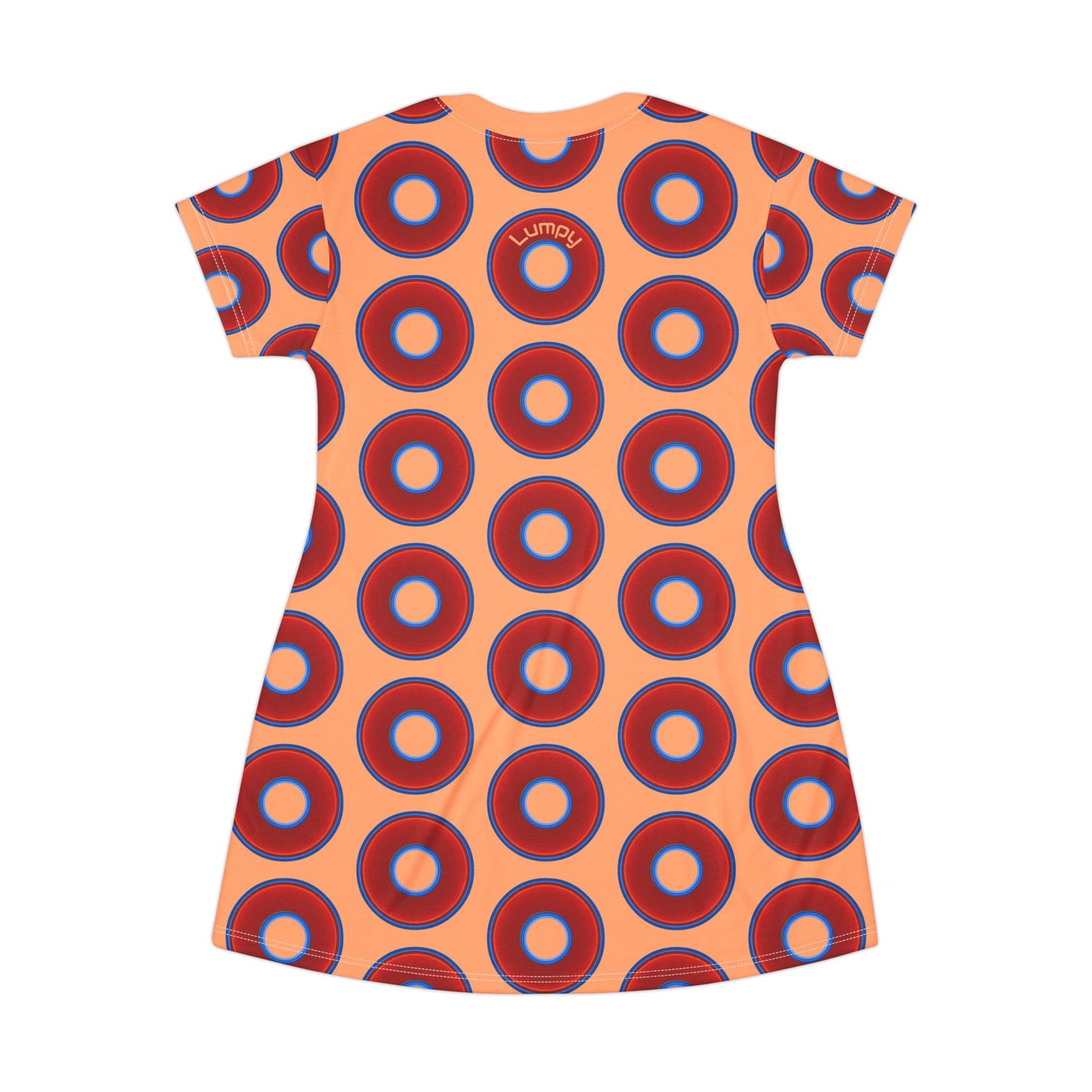Not a Muumuu AOP Tee Shirt Dress - red vivid donuts w/peach background