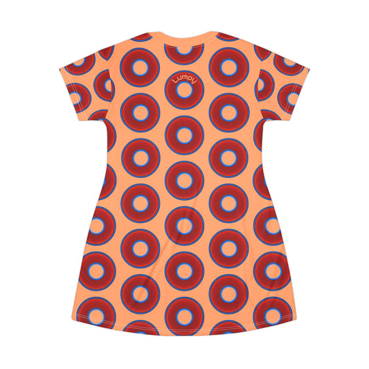 Not a Muumuu AOP Tee Shirt Dress - red vivid donuts w/peach background